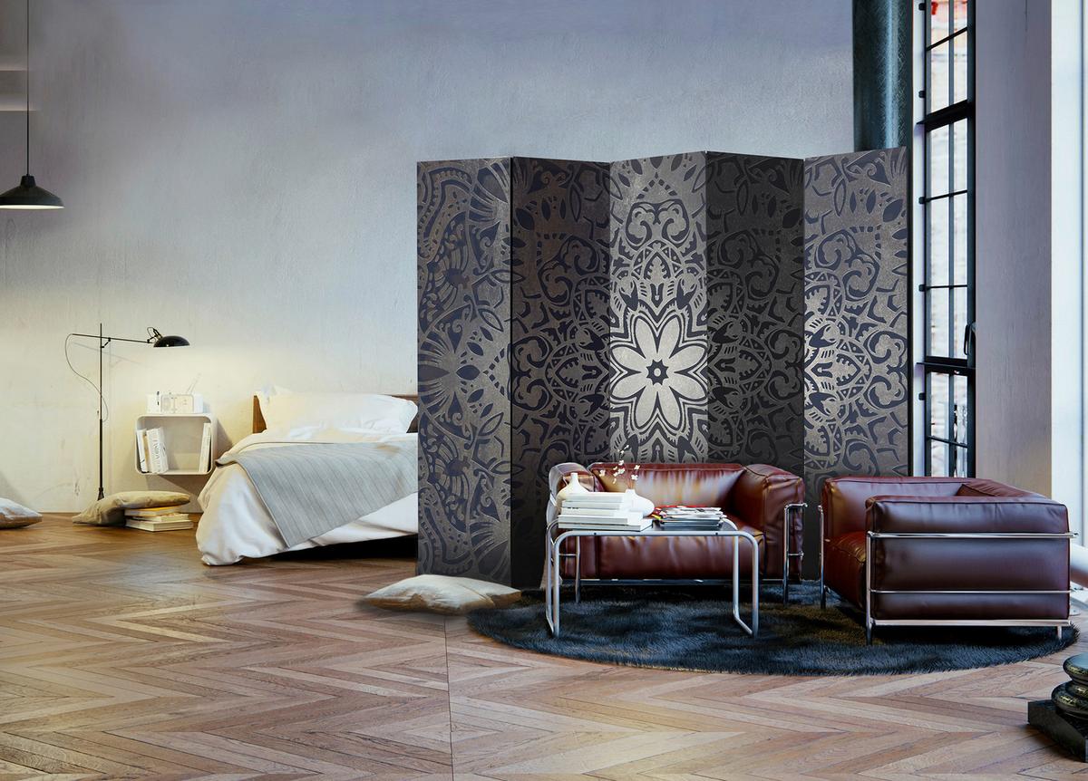 Paravan Iron Flowers I, 5-Delni, Dvostranski - bež/temno modra, Basics, tekstil/les (225/172/3cm) - artgeist