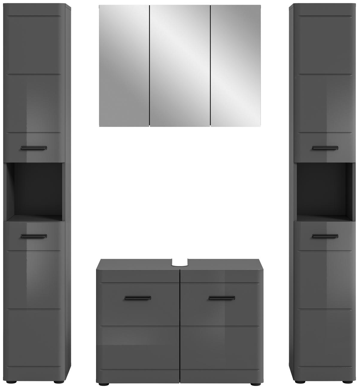 Badezimmer Soft 4-tlg. ca. 150 cm Grau hochglanz - Grau Hochglanz/Schwarz, MODERN, Holzwerkstoff/Kunststoff (150cm) - MID.YOU