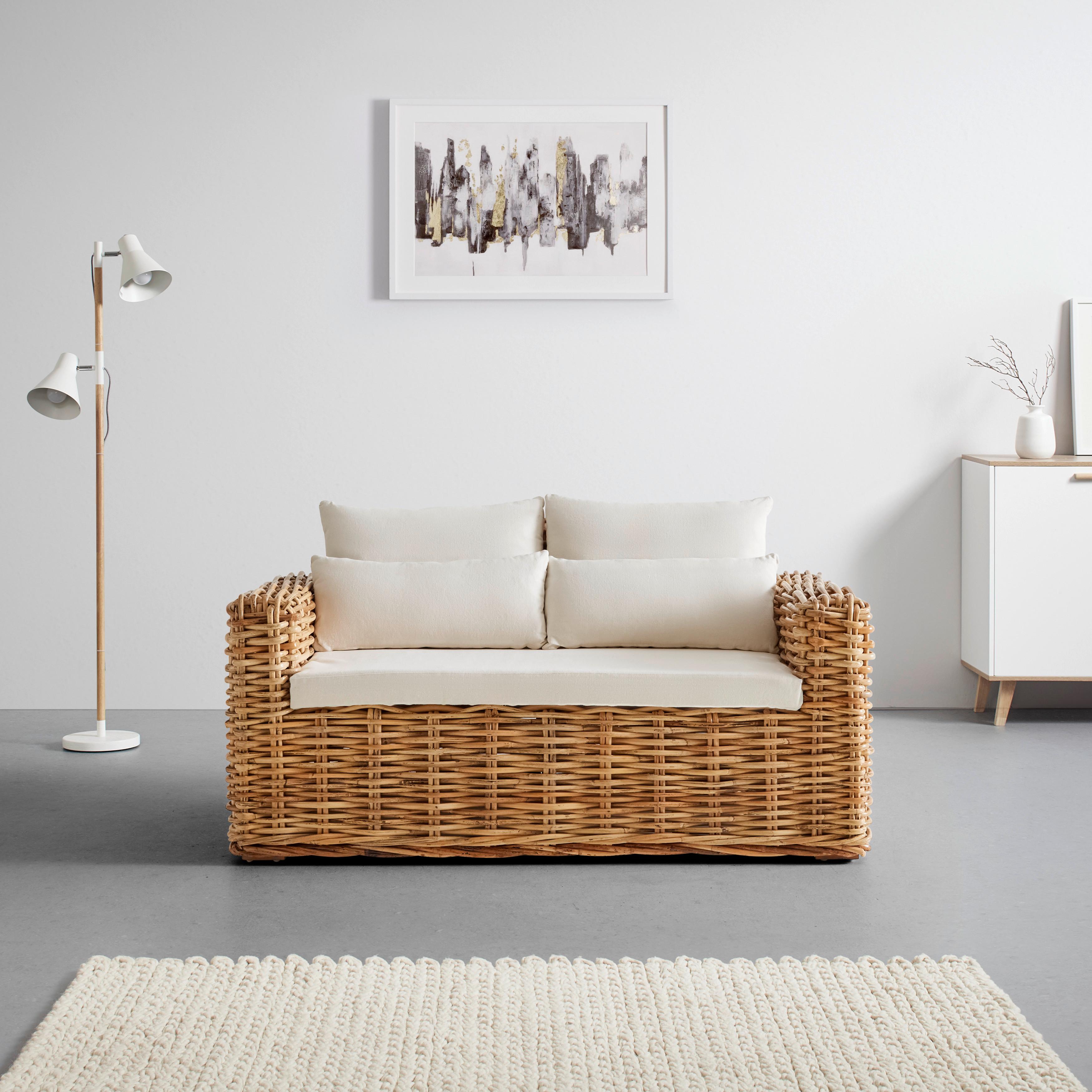 Sofa "Leano", Zweisitzer, weiß, Rattan - Naturfarben/Weiß, MODERN, Naturmaterialien/Holz (150/75/75cm) - Bessagi Home