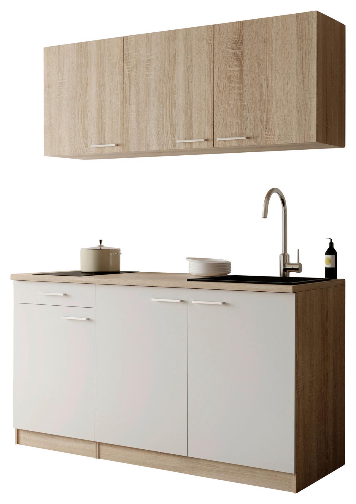 Miniküche Ingrid m. Gerät ca. 150cm Weiß - Eichefarben/Alufarben, Design, Holzwerkstoff/Kunststoff (150cm) - Respekta
