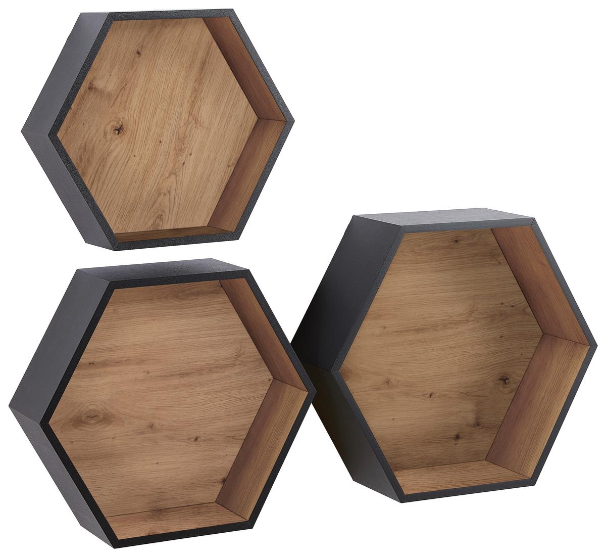 ZESTAW REGAŁÓW ŚCIENNYCH BEN - czarny/dąb artisan, Basics, materiał drewnopochodny (30-37/26-32/9-12cm) - Xora