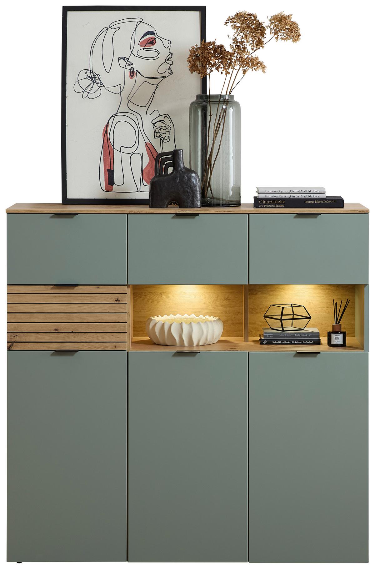 Highboard Memphis Grün/Eiche Artisan - Schwarz/Eiche Artisan, MODERN, Holzwerkstoff/Metall (125/125/45cm) - Premium Living