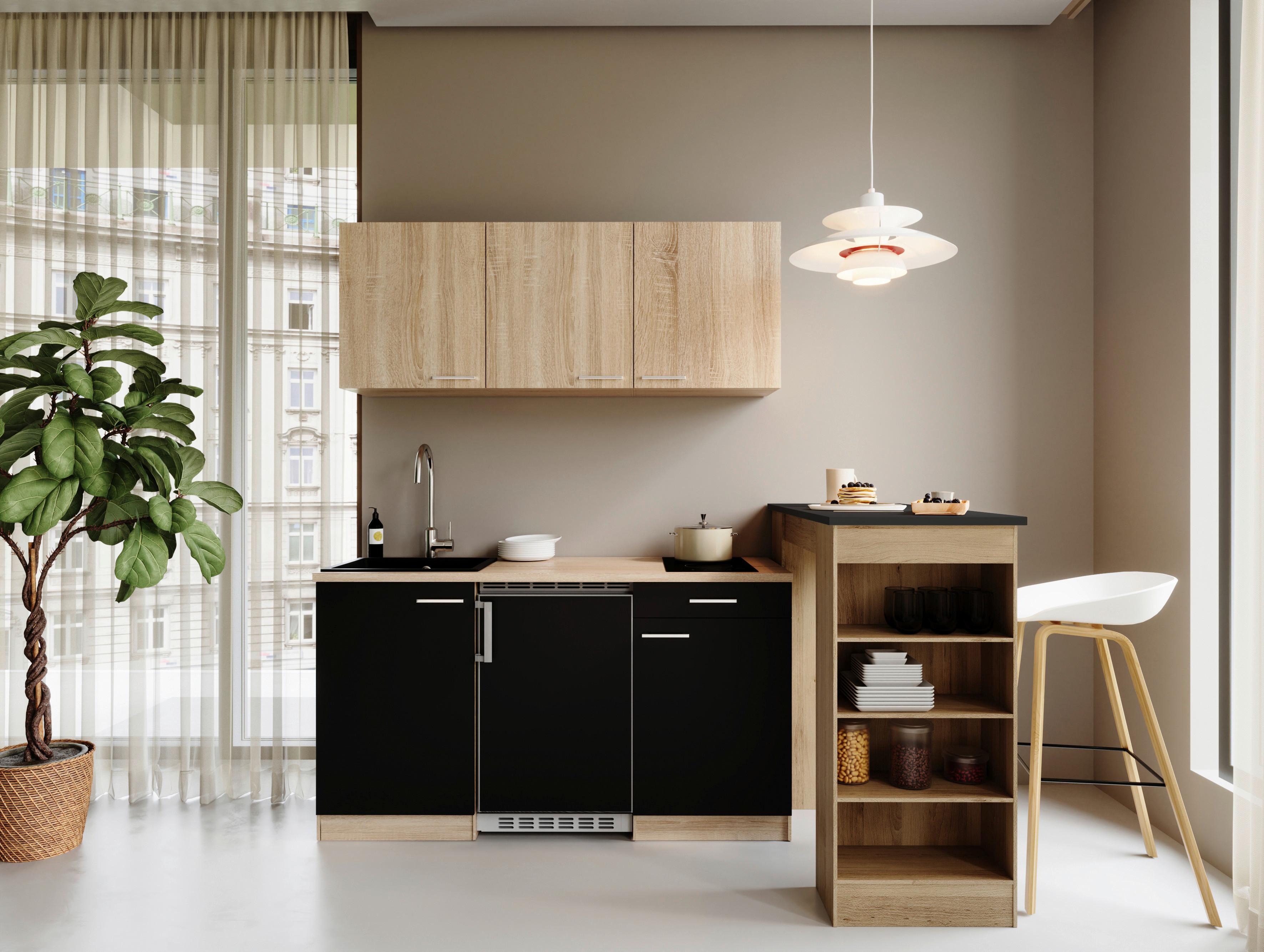 Miniküche Ingrid m. Geräten ca. 150cm Schwarz - Eichefarben/Schwarz, Design, Holzwerkstoff/Kunststoff (150cm) - Respekta