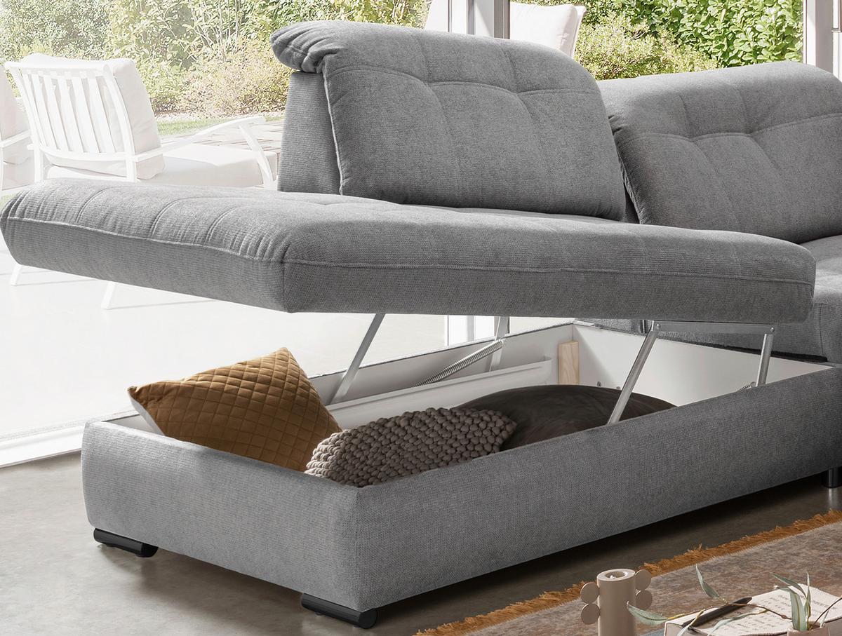 Wohnlandschaft Rigatti Silber Chenille mit Bettkasten - Silberfarben/Schwarz, MODERN, Textil/Metall (252/387/184cm) - Livetastic