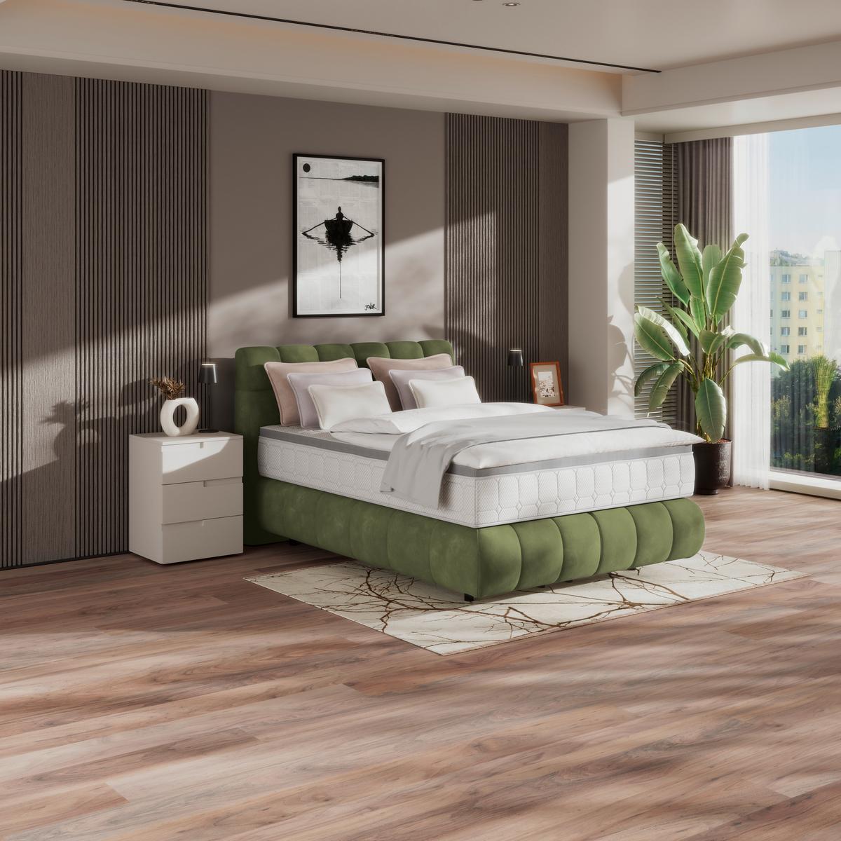 Boxspring Krevet Nobu - tamno zelena/crna, Trend, drvo/tekstil (140/200cm) - Premium Living