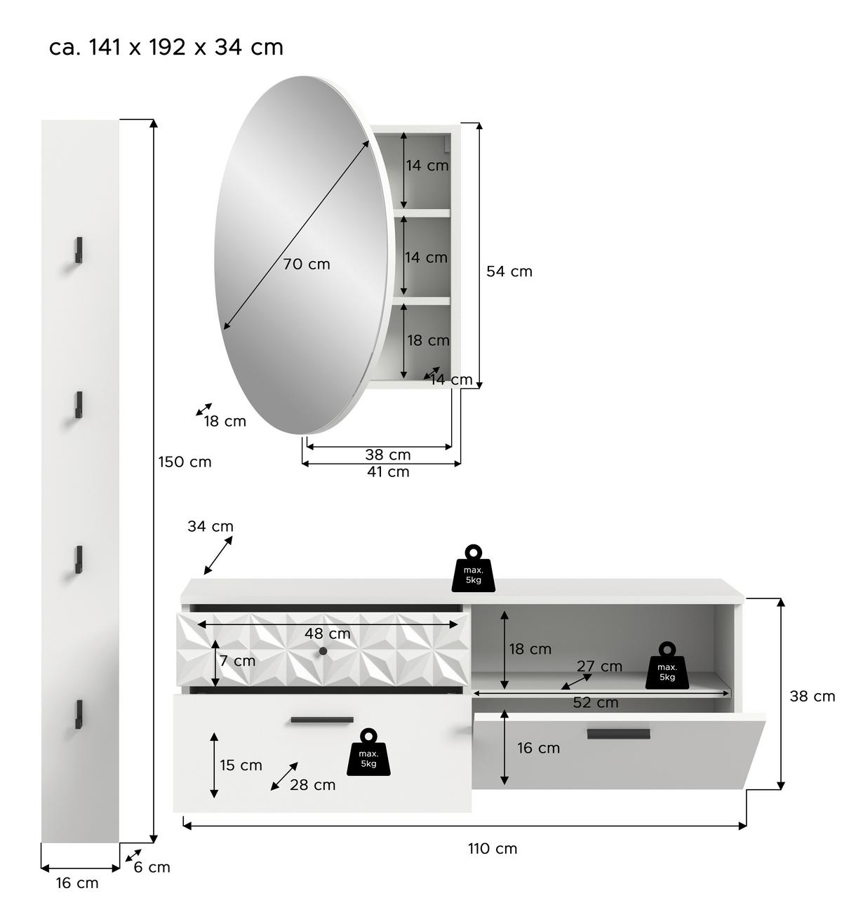 Predsoba Prisma, Bela, 3-Delna - bela, Design, steklo/leseni material (141/192/34cm) - MID.YOU