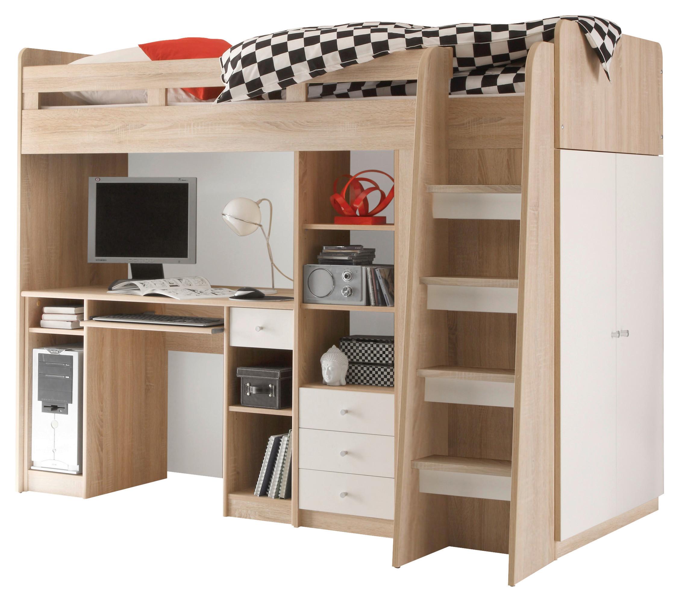Visoka Postelja Unit, Barva Hrasta, Bela, 90x200 - barve hrasta/bela, Moderno, leseni material (90/200cm) - MID.YOU