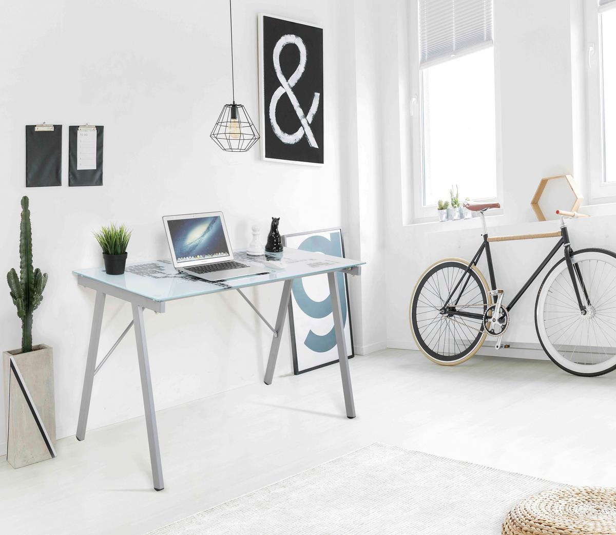 Schreibtisch mit Glasplatte Grau/Weiß ca. 113x58x73cm - Weiß/Grau, Design, Glas/Metall (113/58/73cm) - Livetastic