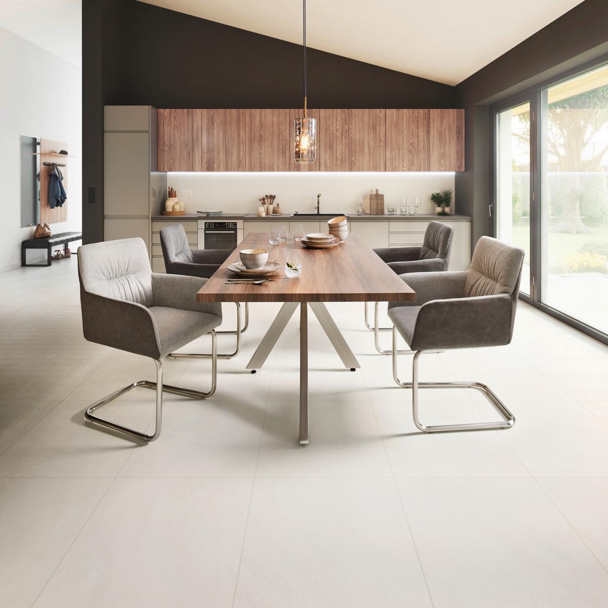 Esstisch Holz, massiv "Ilias" ca. 180x90 cm, Walnuss - Edelstahlfarben/Silberfarben, Modern, Holz/Metall (180/90/76cm) - Bessagi Home