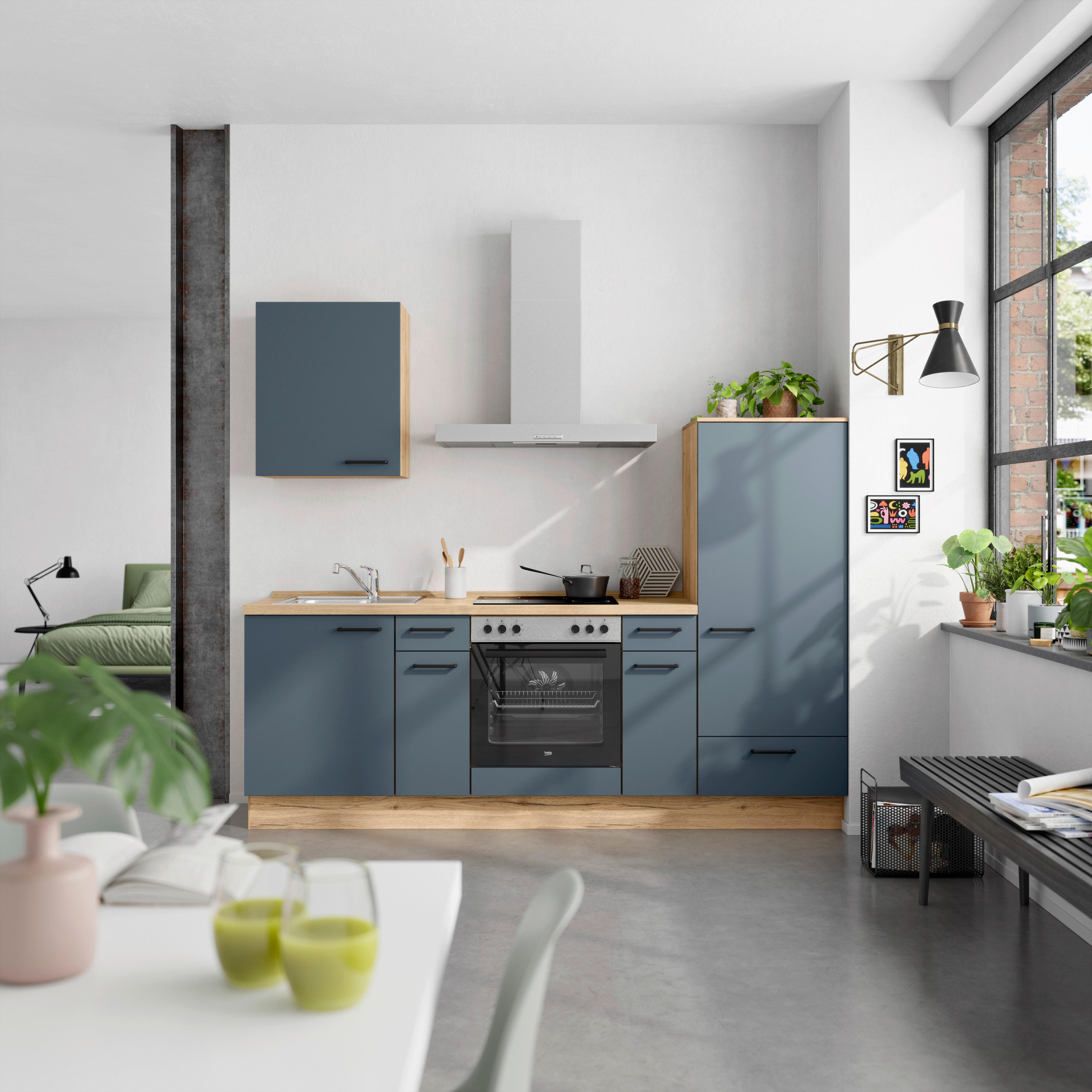 Küchenblock Easytouch Low m. Geräten Dunkelblau - Eichefarben/Schwarz, MODERN, Holzwerkstoff/Metall (240cm) - Nobilia