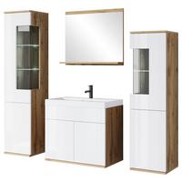 Badezimmer-Set Narobi 5-tlg. mit LED ca. 120 cm Eiche/Weiß - Weiß Hochglanz/Eiche Wotan, Trend, Glas/Keramik (120,4cm) - P & B