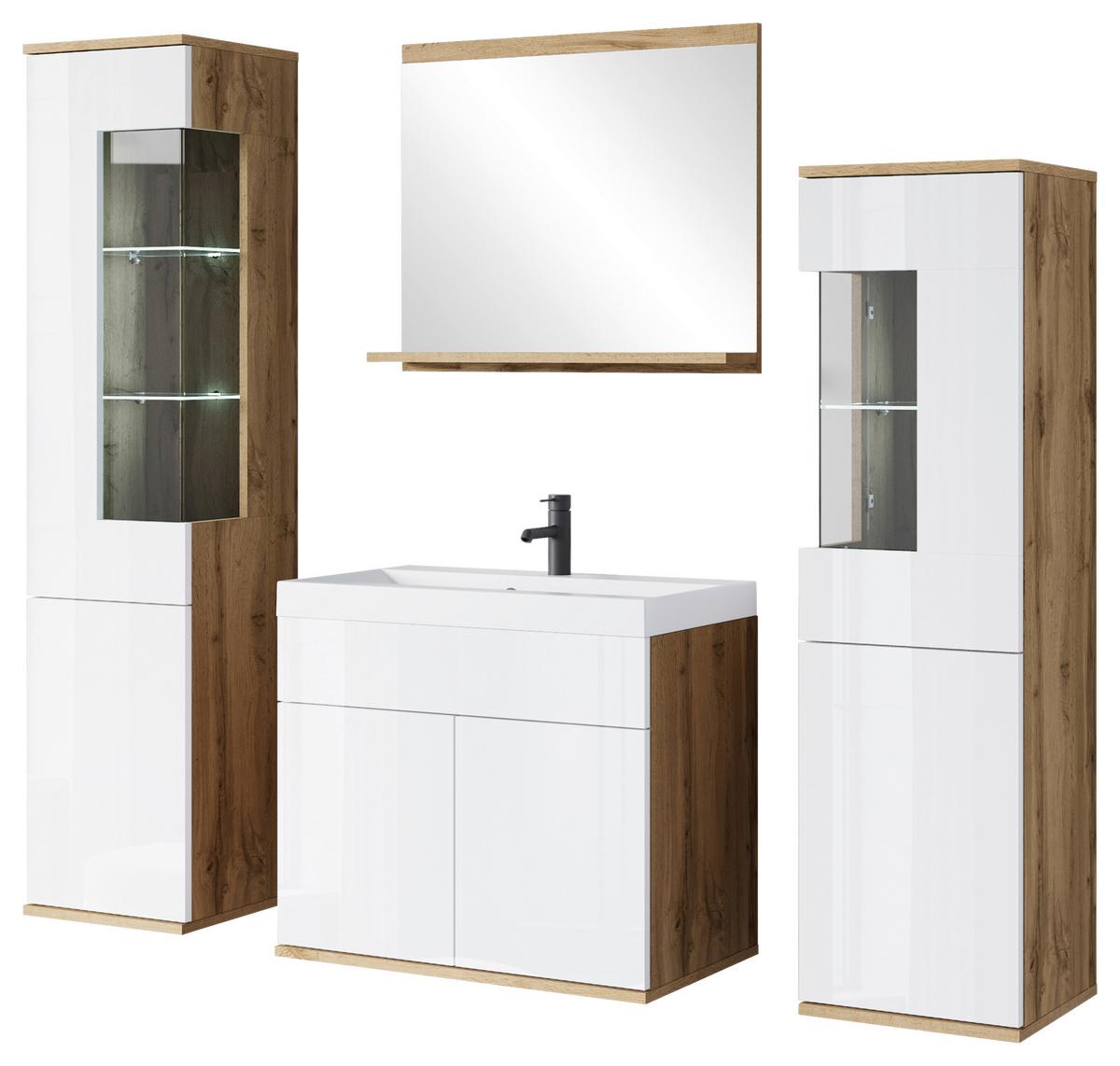 Badezimmer-Set Narobi 5-tlg. mit LED ca. 120 cm Eiche/Weiß - Weiß Hochglanz/Eiche Wotan, Trend, Glas/Keramik (120,4cm) - P & B