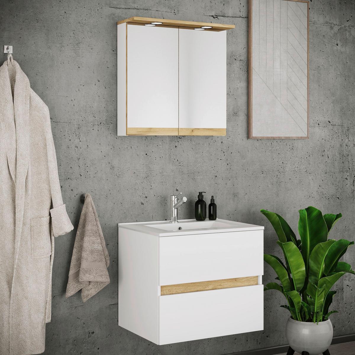 Badezimmer Cosila - Honigeiche/Weiss, Trend, Keramik/Holzwerkstoff (61cm) - MID.YOU