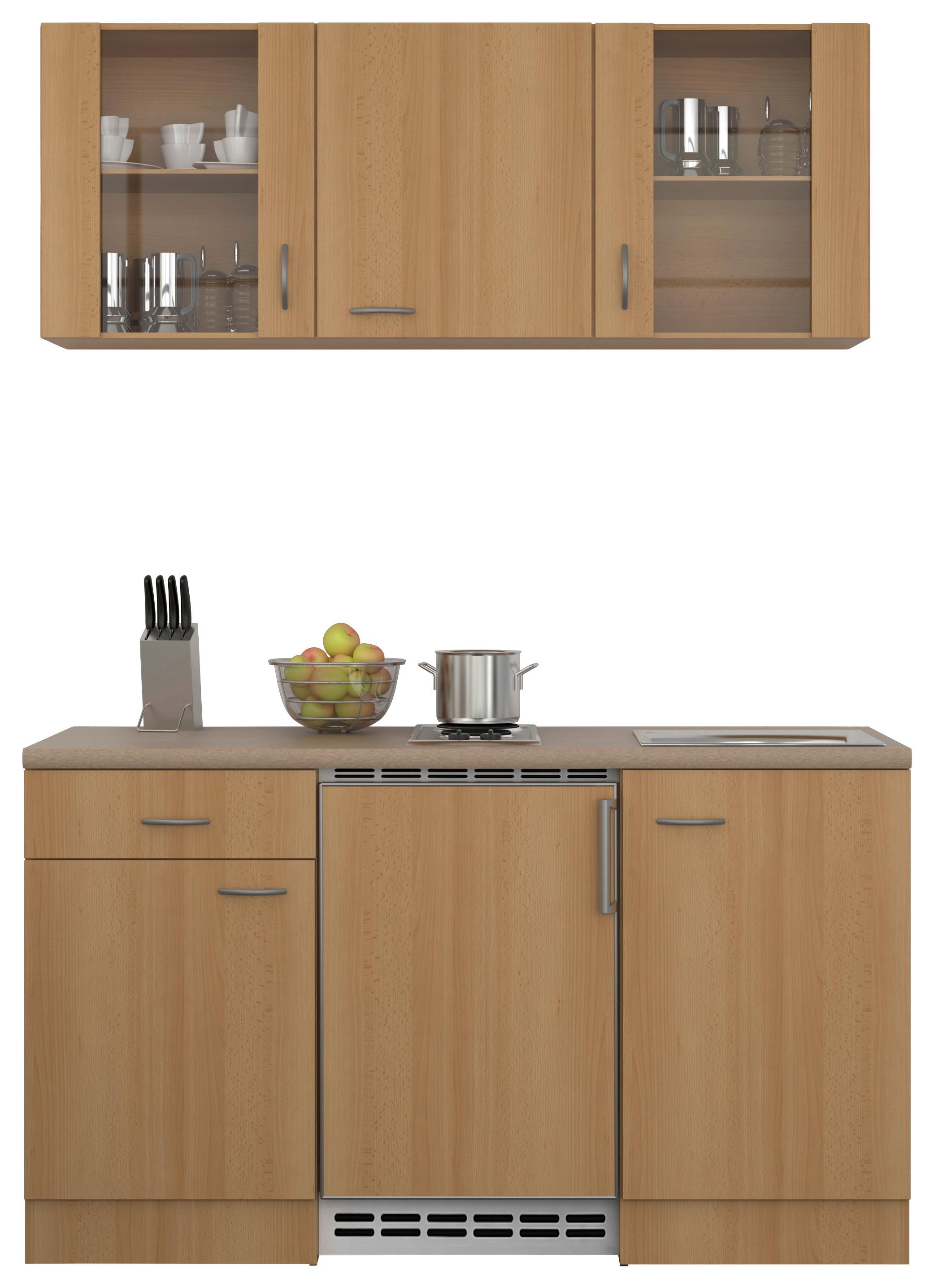 Miniküche Nano m. Geräten B: ca. 150cm Buchefarben - Edelstahlfarben/Beige, MODERN, Glas/Holzwerkstoff (150cm) - FlexWell