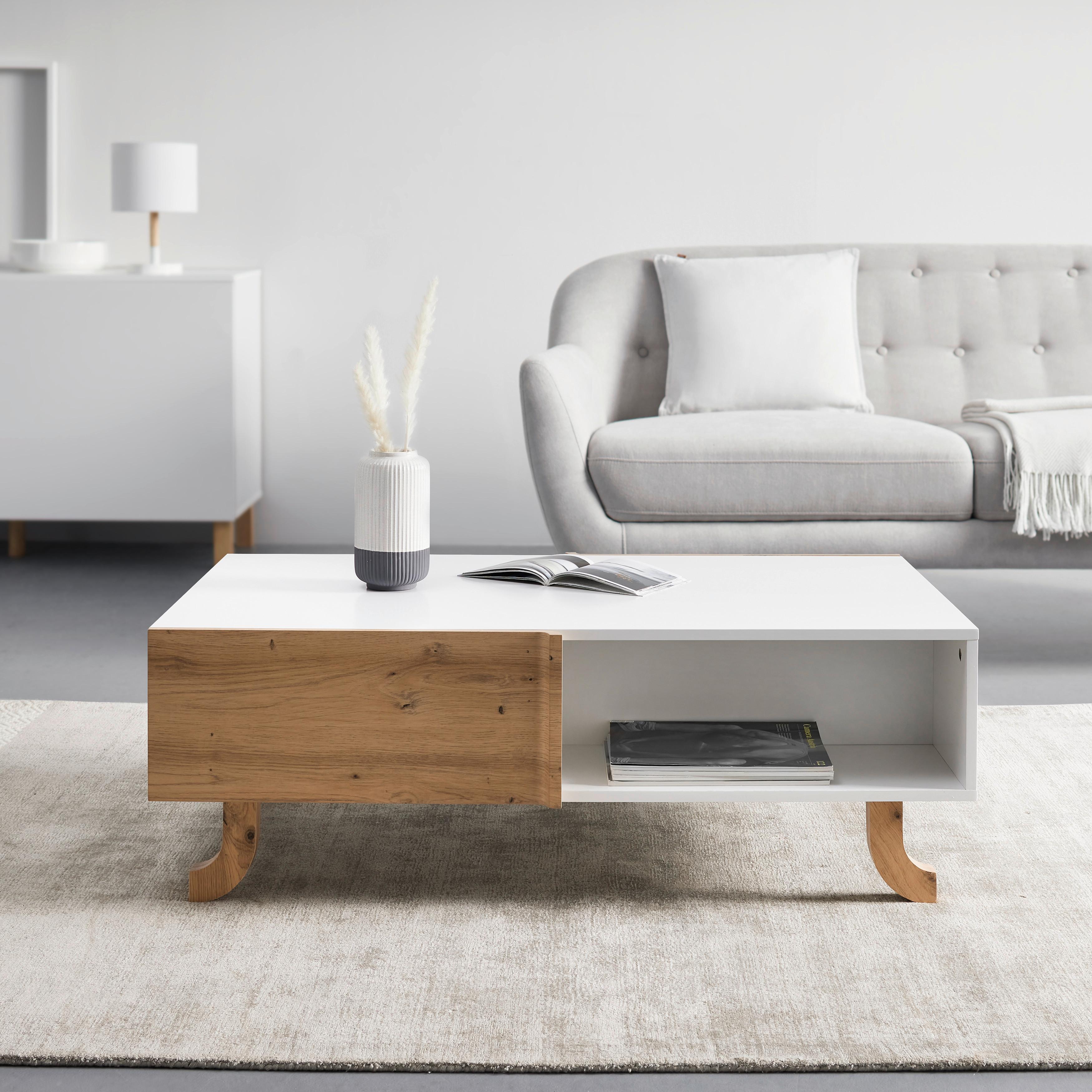 Couchtisch Vira Weiß/ Kieferfarben Echtholz - Weiß/Kieferfarben, MODERN, Holz (110/38/66cm) - Bessagi Home