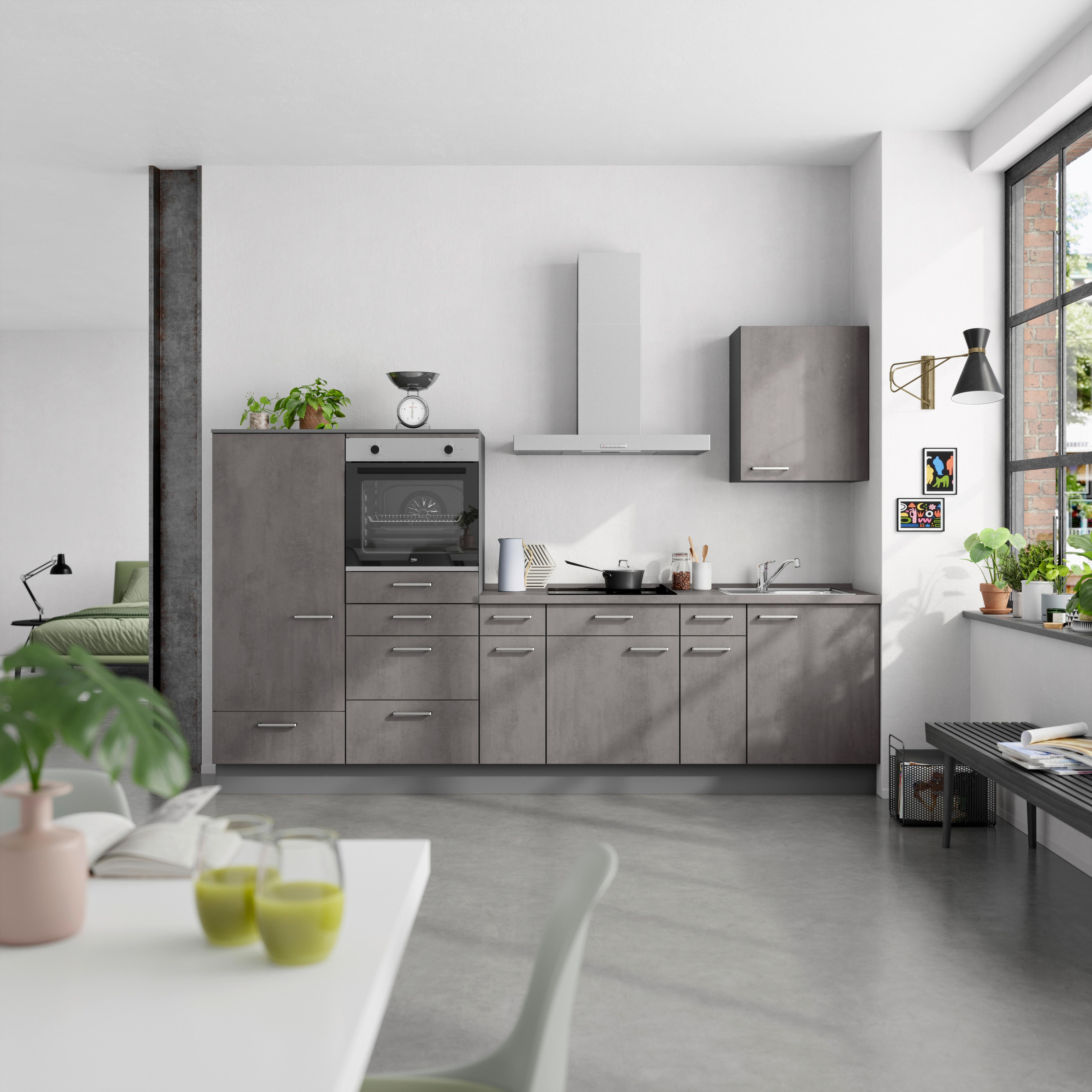 Küchenblock Riva Low m. Geräten Schieferfarben - Schieferfarben/Edelstahlfarben, MODERN, Holzwerkstoff/Metall (300cm) - Nobilia