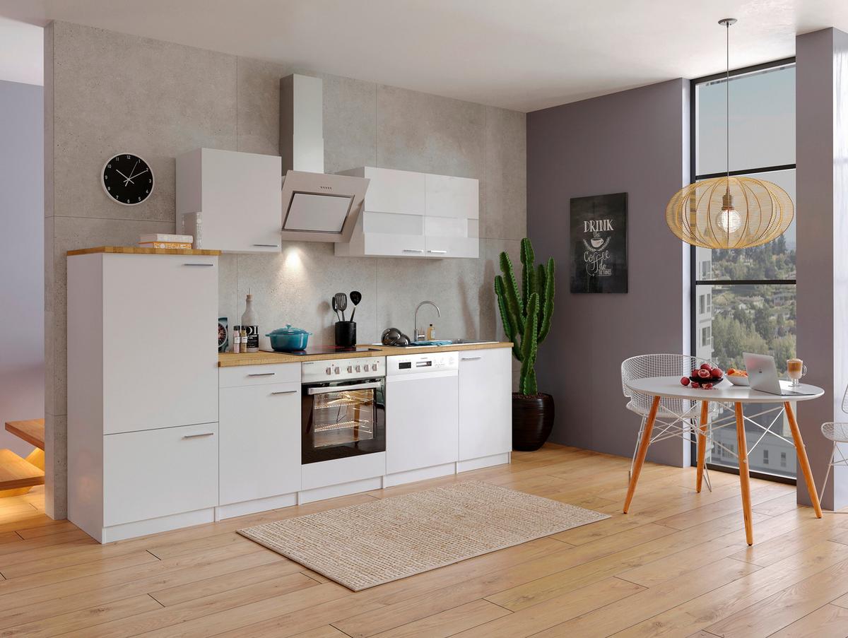 Küchenblock Economy mit Geräten Weiß B: ca. 280 cm - Edelstahlfarben/Nussbaumfarben, Basics, Holzwerkstoff/Metall (280cm) - Respekta