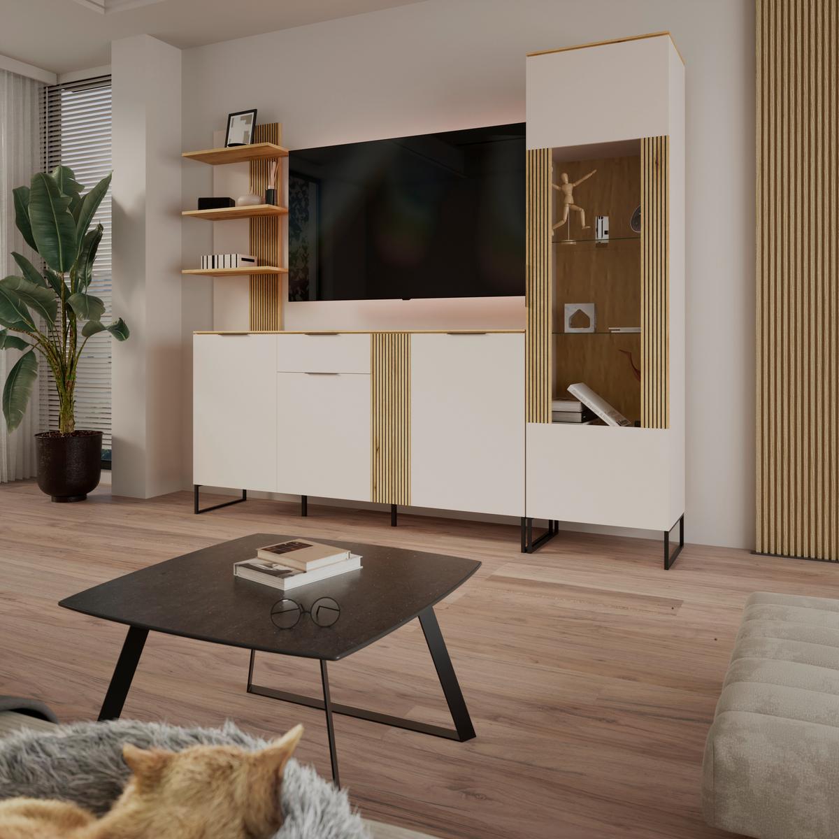 Comodă cu usi KING - cașmir/culoare lemn stejar, Modern, material pe bază de lemn (170/90/40cm) - Modern Living