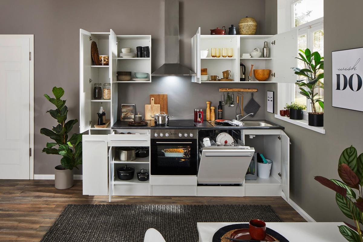 Küchenblock Jazz mit Geräten ca.250cm Weiß Hochglanz - Weiß Hochglanz/Dunkelgrau, LIFESTYLE, Holzwerkstoff/Kunststoff (250cm) - P & B