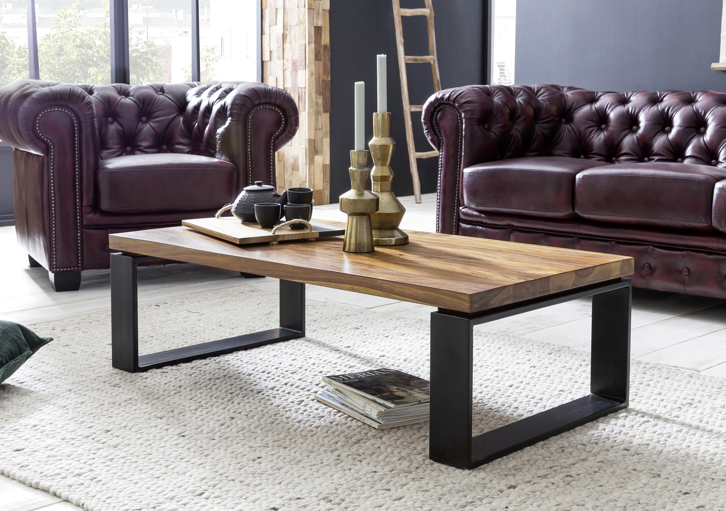 Couchtisch "WL5.650" , ca. 115x60 cm, aus Sheesham - Sheeshamfarben/Schwarz, Design, Holz/Metall (115/60/35cm) - MID.YOU