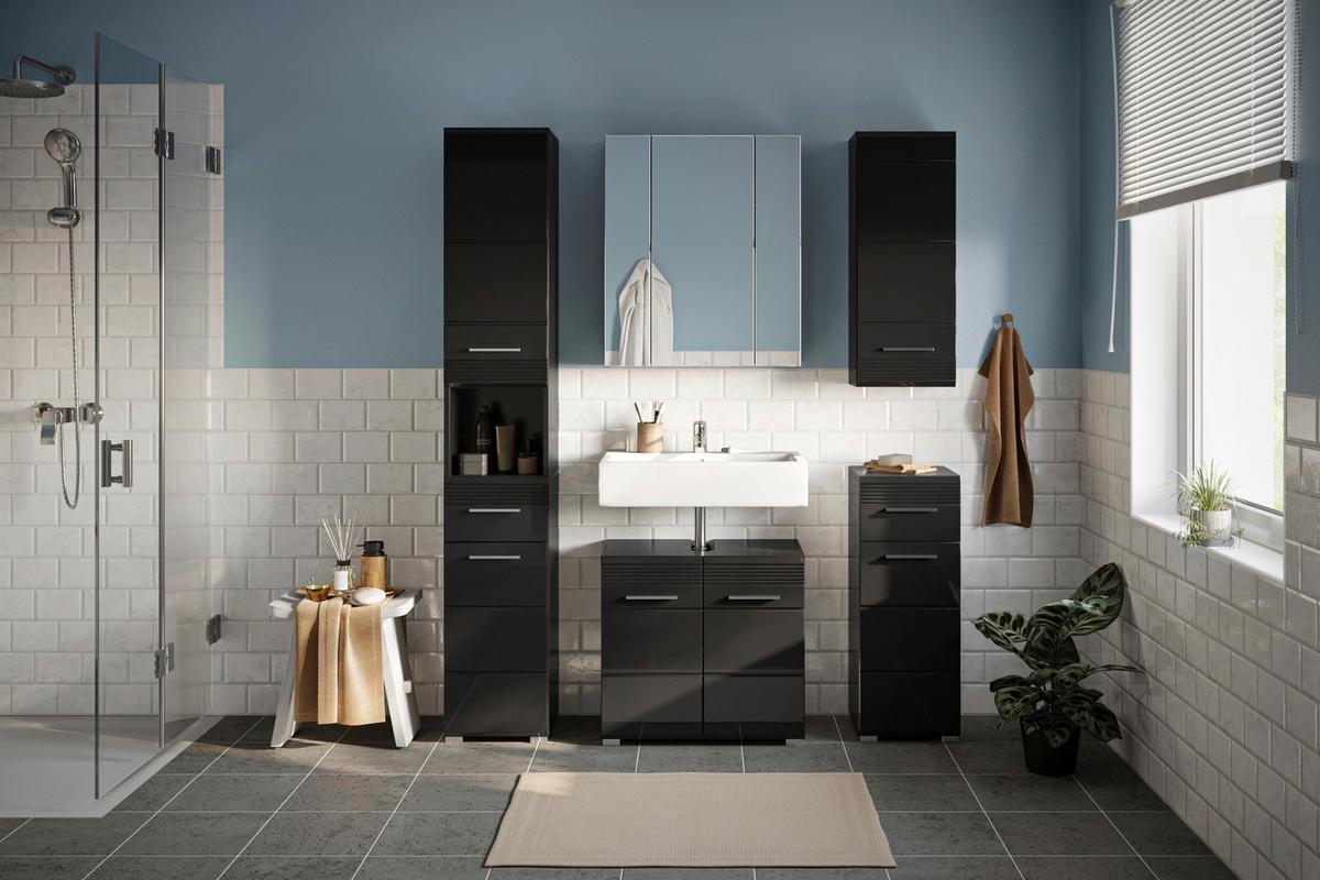 Badezimmer Linus 5-tlg. ca. 120 cm Schwarz - Schwarz Hochglanz/Silberfarben, MODERN, Glas/Holzwerkstoff (120cm) - MID.YOU