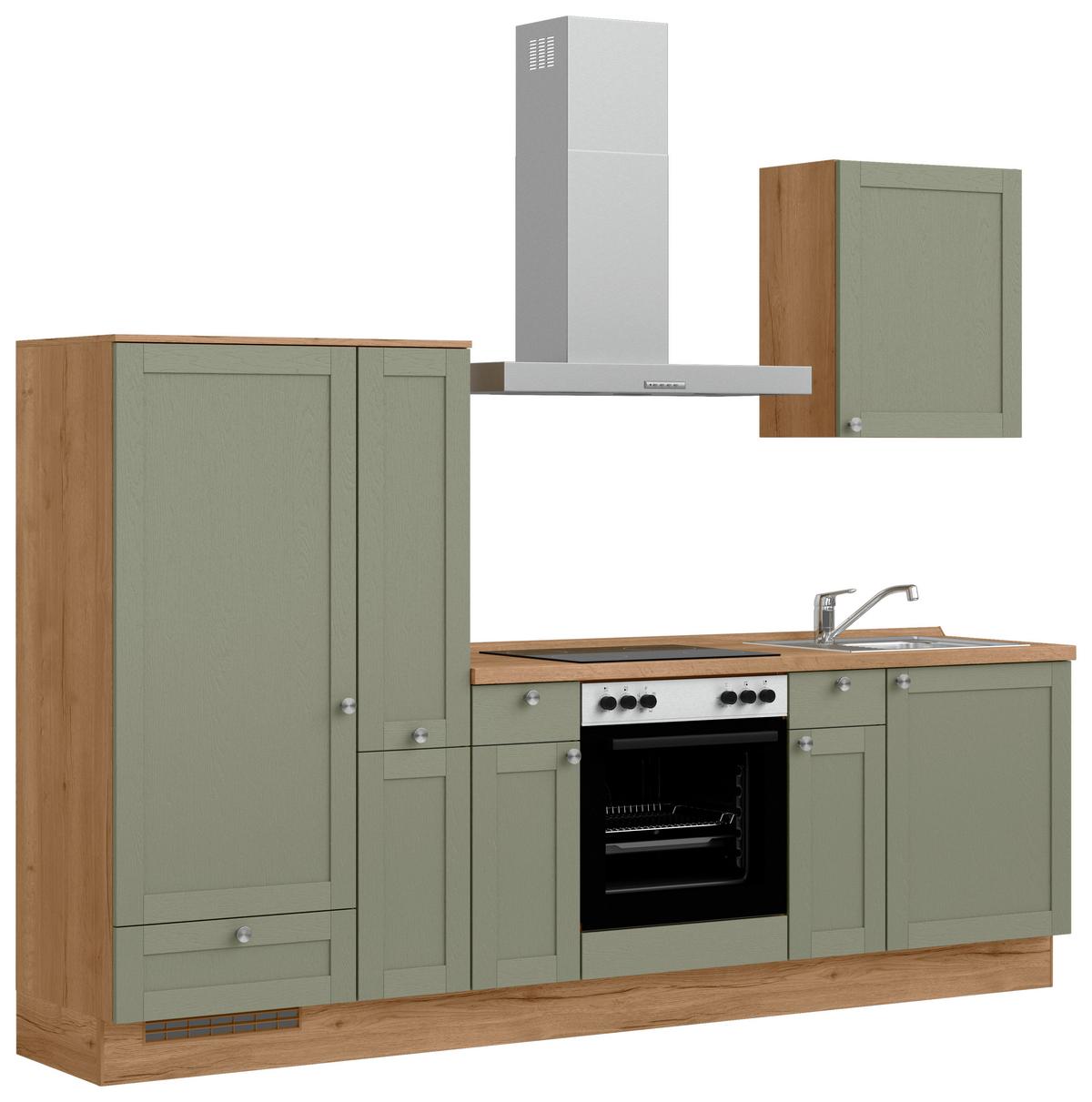 Küchenleerblock Frame Low o. Geräte Olivgrün - Edelstahlfarben/Eichefarben, MODERN, Holzwerkstoff/Metall (270cm) - Nobilia