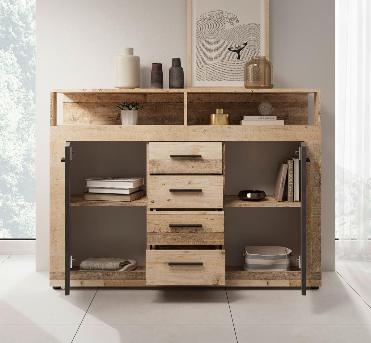 KOMODA LUPO - kolor dębowy/antracytowy, Design, materiał drewnopochodny/tworzywo sztuczne (119/96/32cm) - MID.YOU