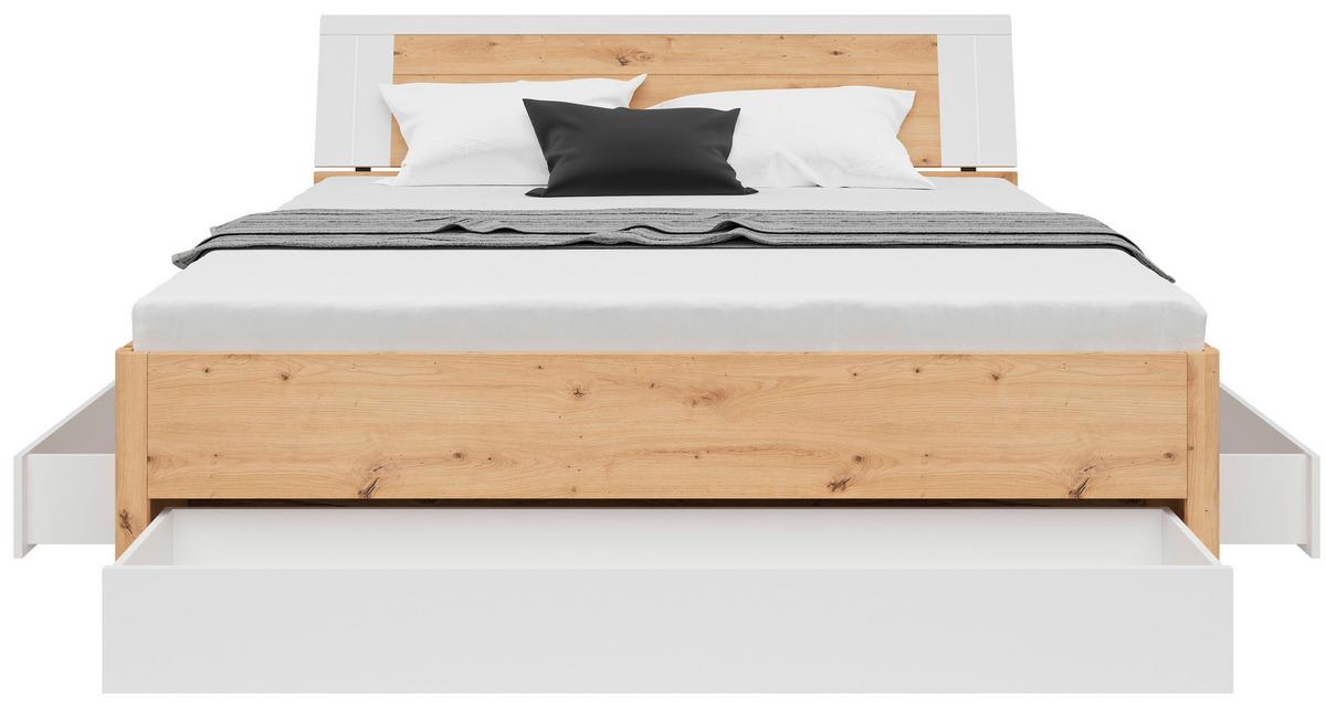 Stauraumbett in Weiß/Eiche Artisan - Eiche Artisan/Weiß, KONVENTIONELL, Holzwerkstoff (180/200cm) - Mömax