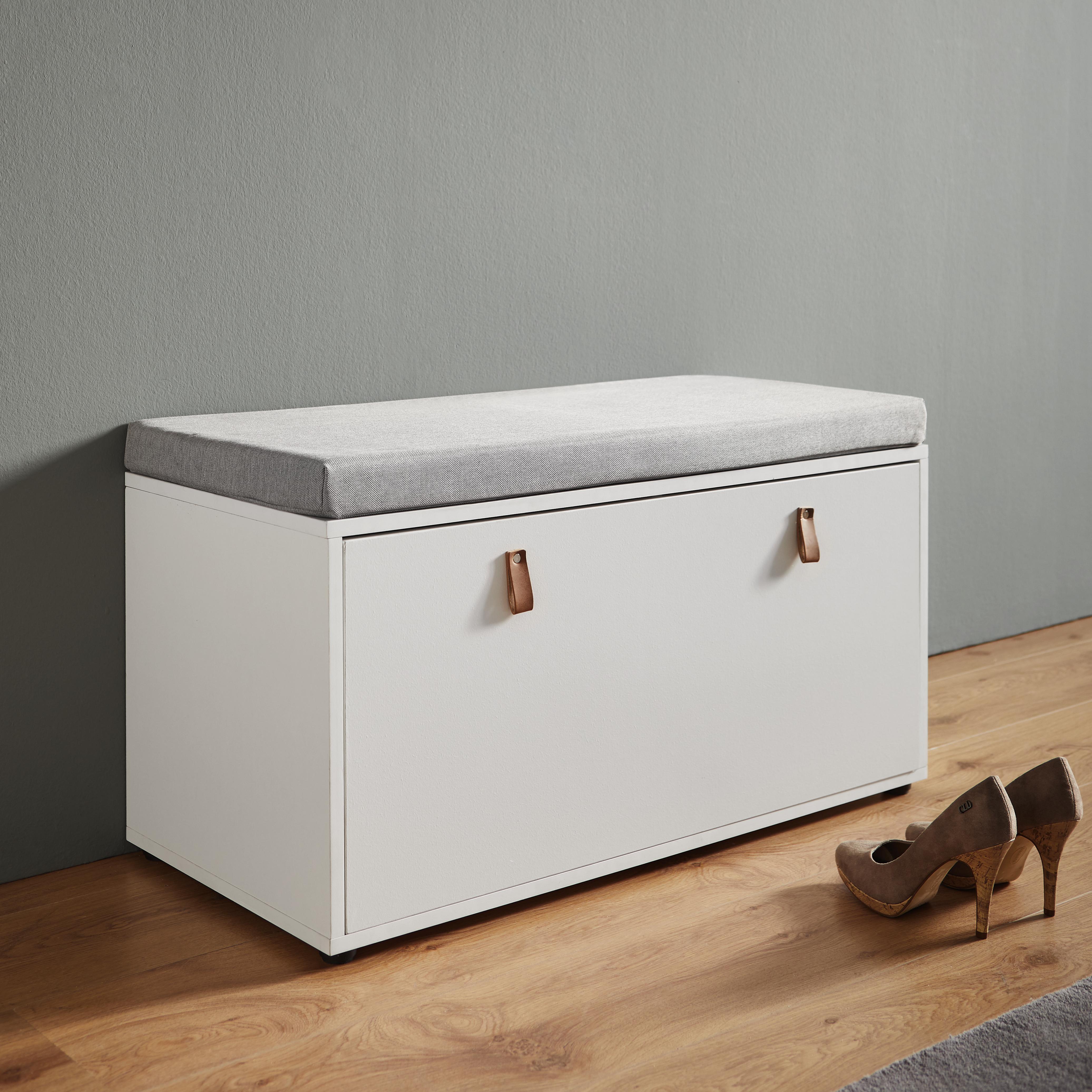 Garderobenbank in Weiß 'Mick' - Weiß/Grau, MODERN, Leder/Holz (85/46,6/40cm) - Bessagi Home