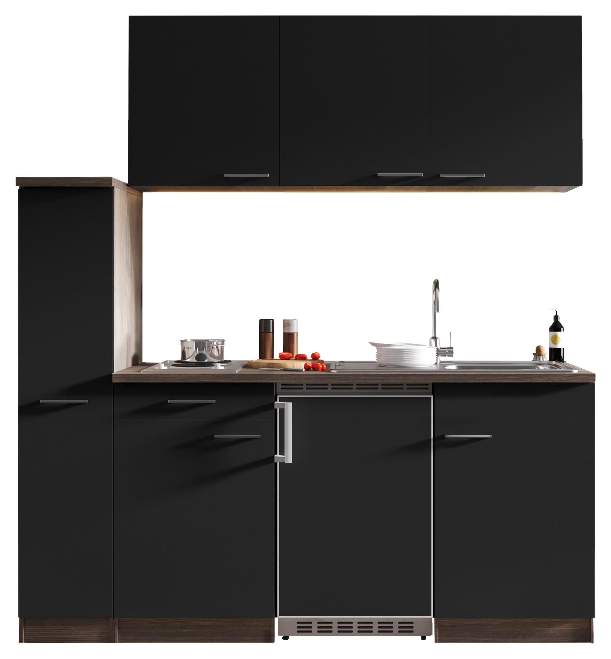 Miniküche Oliver mit Geräten ca. 180 cm Schwarz - Eichefarben/Schwarz, Basics, Holzwerkstoff/Kunststoff (180cm) - Respekta
