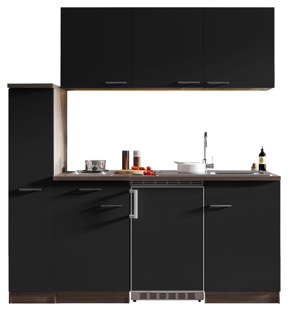 Miniküche Oliver mit Geräten ca. 180 cm Schwarz - Eichefarben/Schwarz, Basics, Holzwerkstoff/Kunststoff (180cm) - Respekta