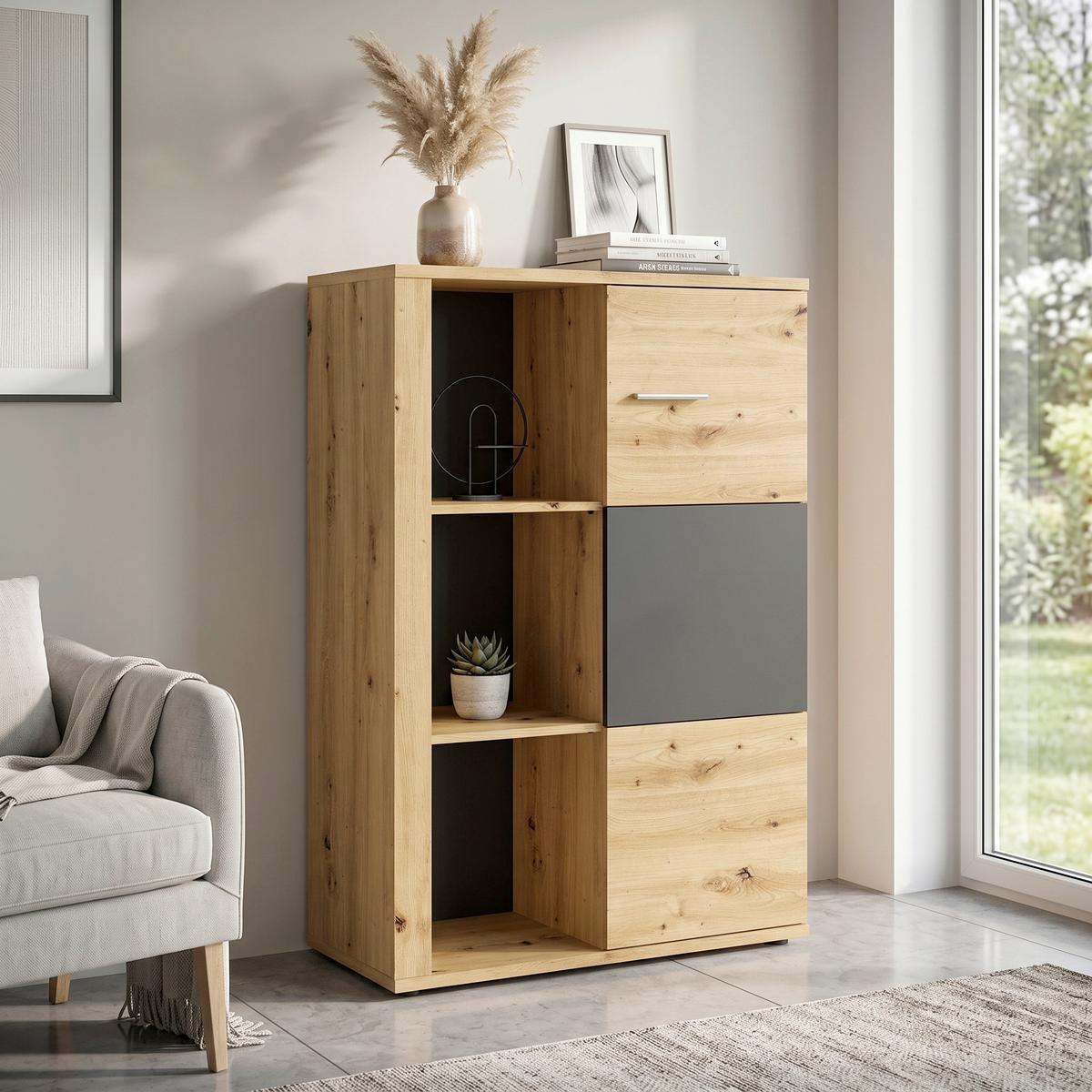 Komoda Nina - crna/hrast artisan, pločasti materijal/plastika (84,6/122,6/38cm) - Modern Living