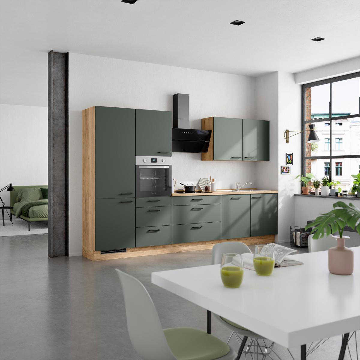Küchenblock Easytouch High m. Geräten Dunkelgrün - Dunkelgrün/Eichefarben, MODERN, Holzwerkstoff/Metall (330cm) - Nobilia