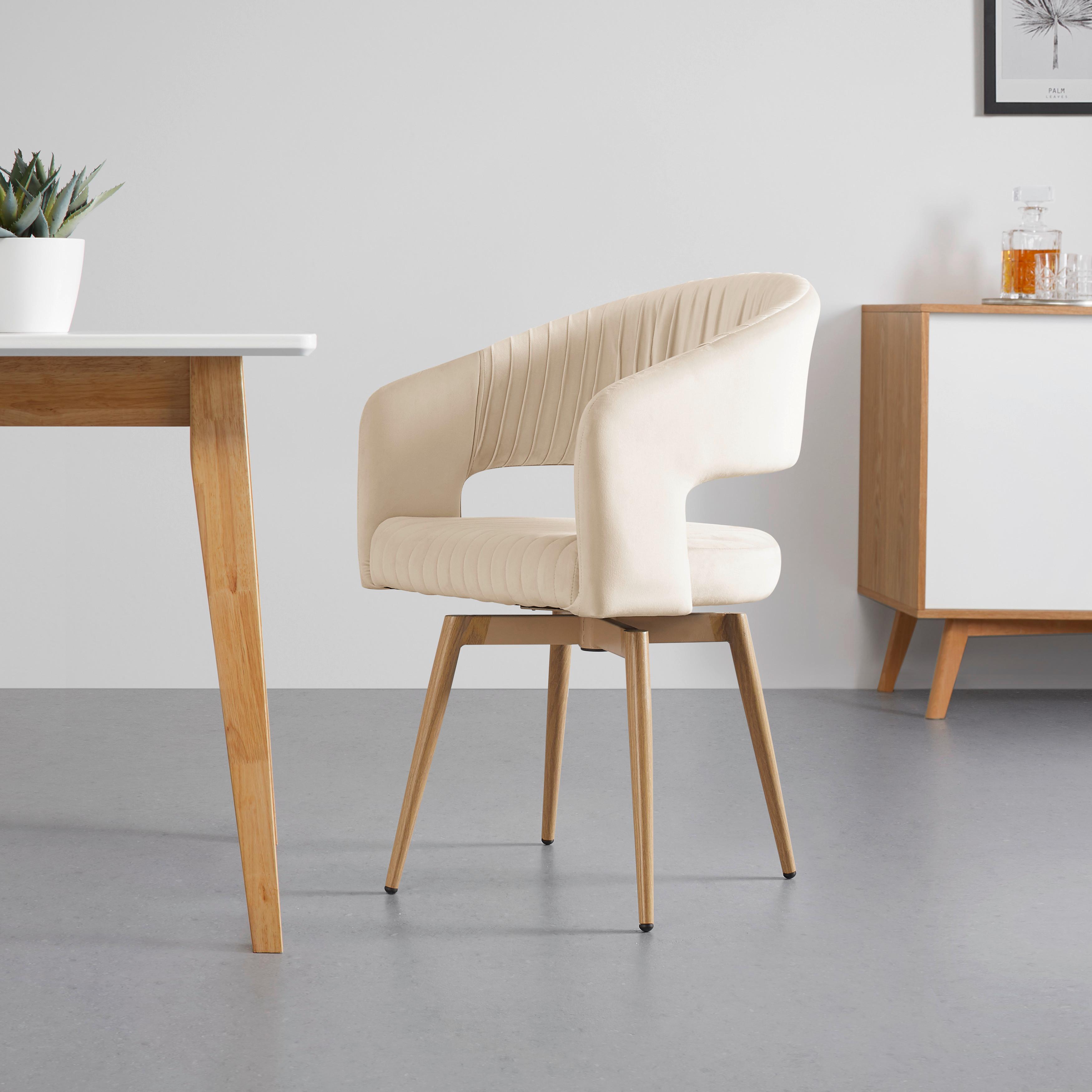 Armlehnstuhl "Isabella", Samtbezug, drehbar, beige - Eichefarben/Beige, MODERN, Holz/Textil (59/85/55cm) - Bessagi Home