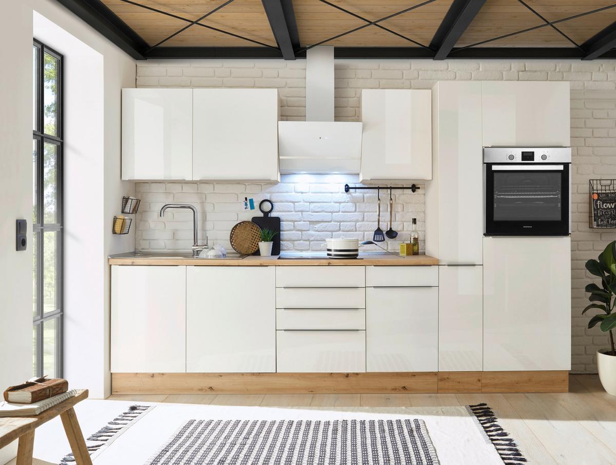 Küchenblock Marleen m. Geräten Weiß B: ca. 310 cm - Weiß Hochglanz/Alufarben, LIFESTYLE, Holzwerkstoff/Kunststoff (310cm) - Respekta