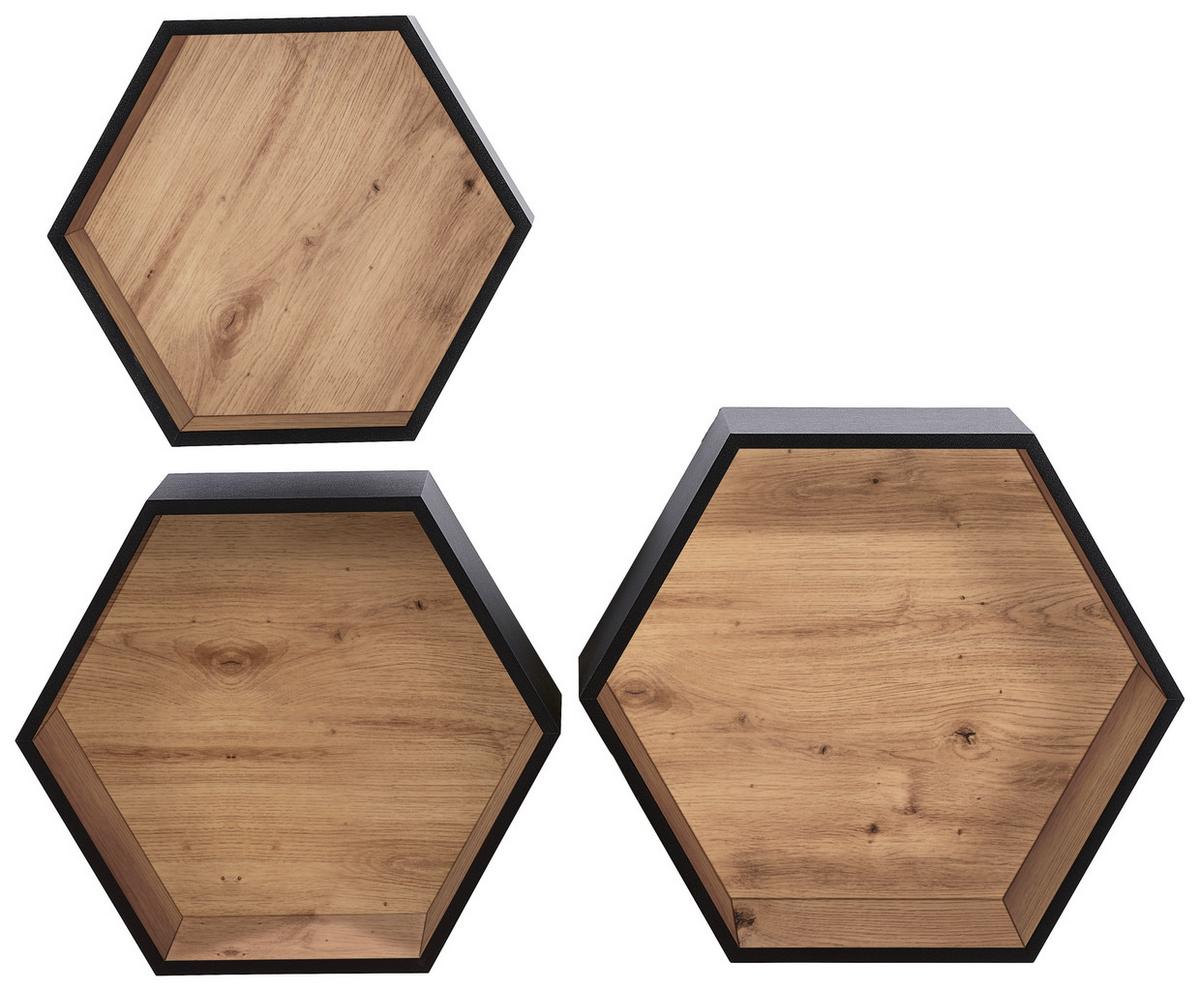 ZESTAW REGAŁÓW ŚCIENNYCH BEN - czarny/dąb artisan, Basics, materiał drewnopochodny (30-37/26-32/9-12cm) - Xora