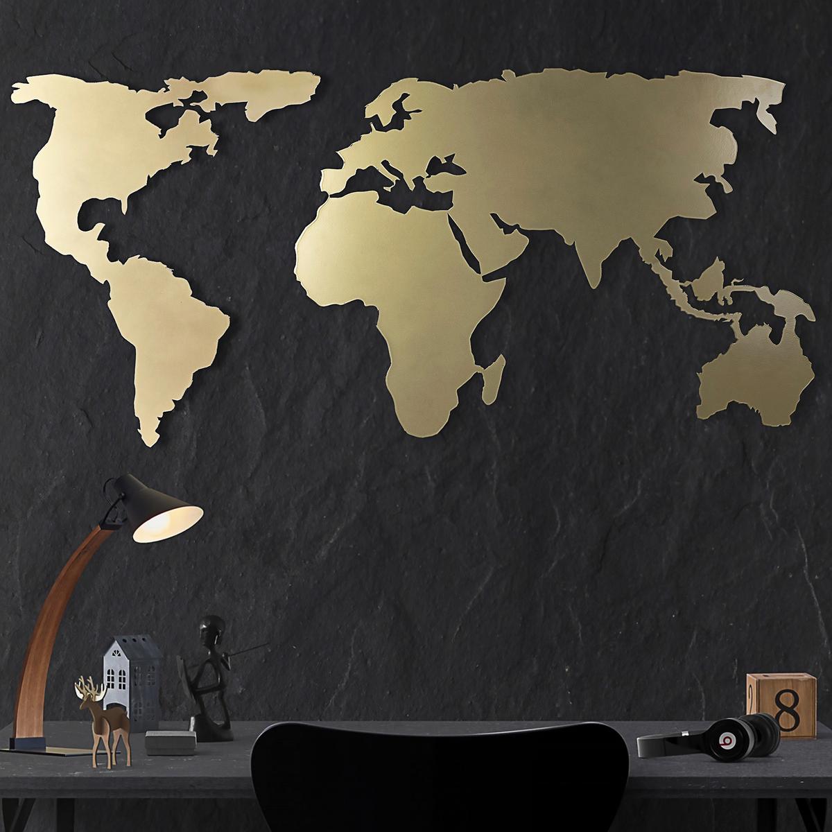 OBRAZ METALOWY WORLD MAP SILHOUETTE - GOLD - kolor złoty, Basics, metal (60/120cm)