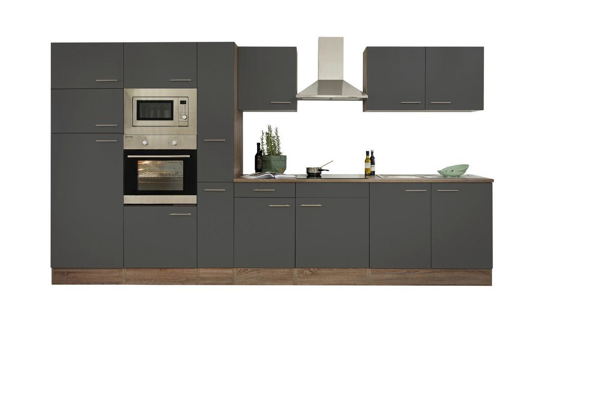Küchenblock mit Geräten Grau/Eiche B: ca. 360 cm - Edelstahlfarben/Eichefarben, Design, Holzwerkstoff/Metall (360cm) - Respekta