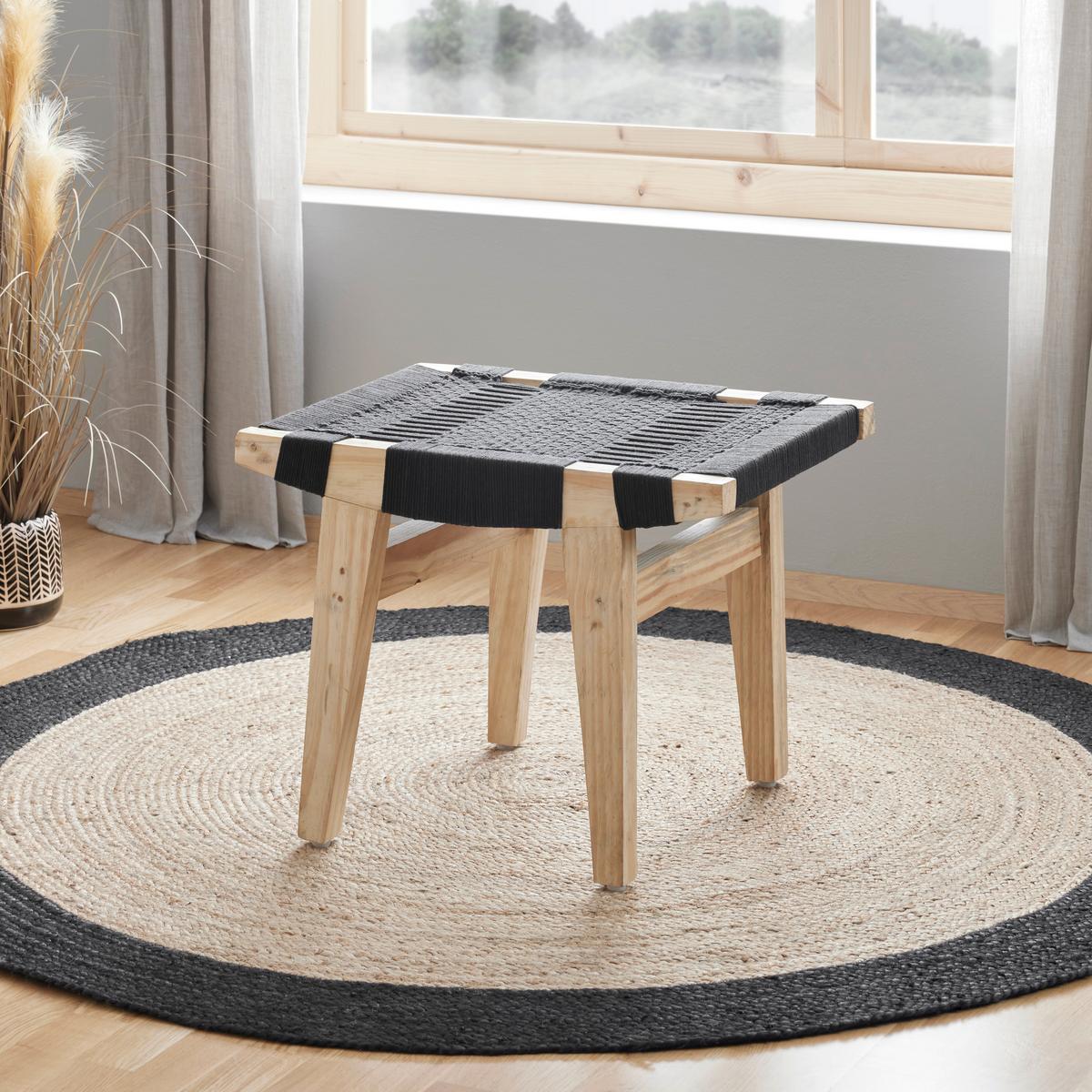 Hocker in Schwarz - Schwarz/Kieferfarben, Modern, Holz/Textil (45/45/55cm) - Premium Living