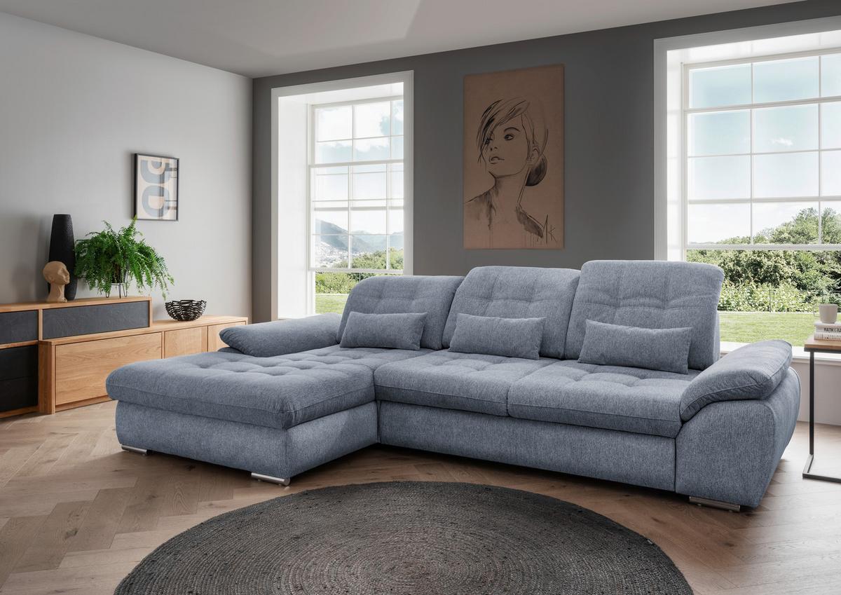 Ecksofa Rigatti mit Bettkasten ca. 184x314 cm Hellblau - Chromfarben/Anthrazit, MODERN, Textil/Metall (184/314cm) - Livetastic