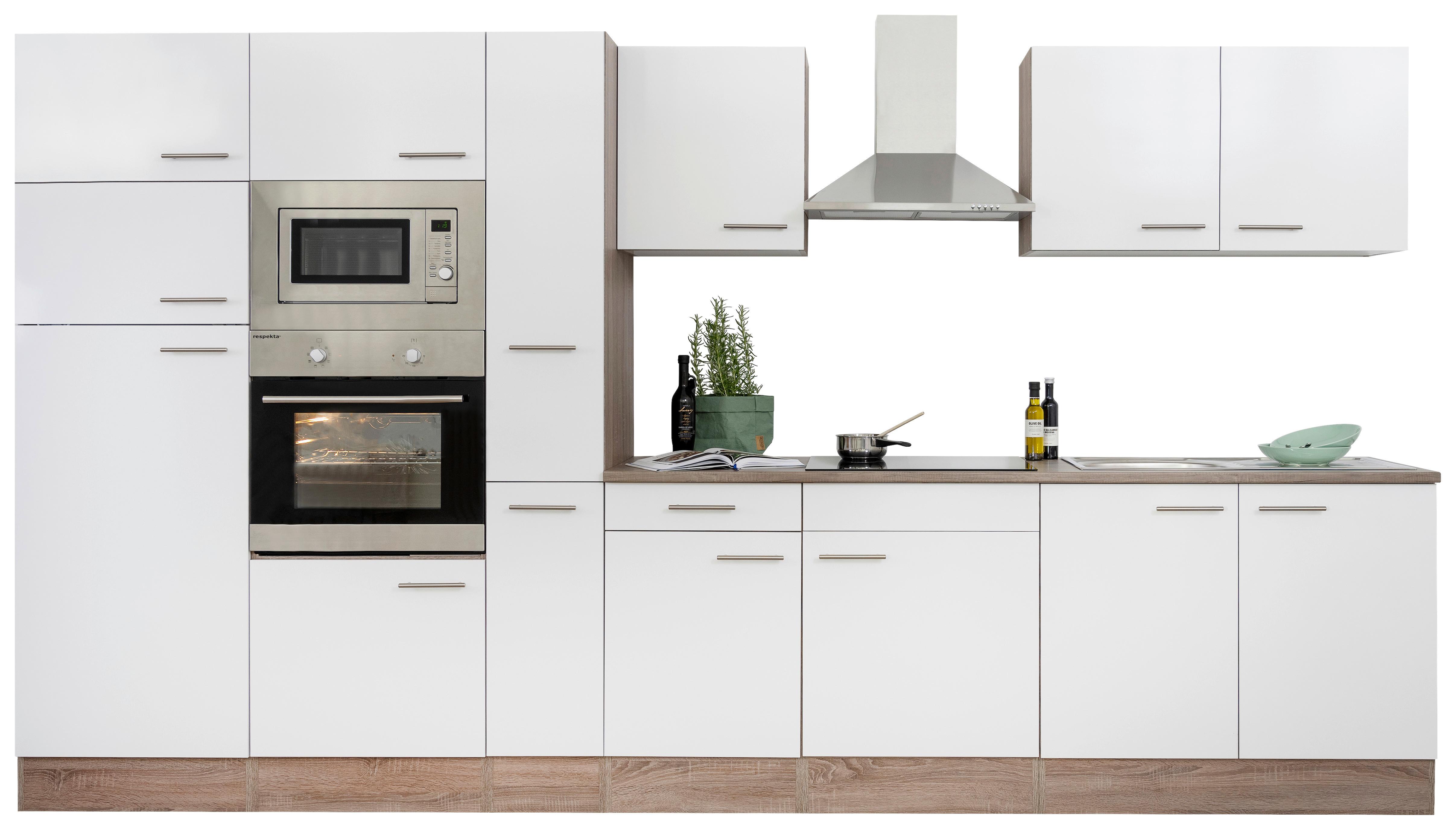 Küchenzeile Economy o. Geräte Weiß/Eiche B: ca. 360 cm - Edelstahlfarben/Eichefarben, Basics, Holzwerkstoff/Metall (360cm) - Respekta