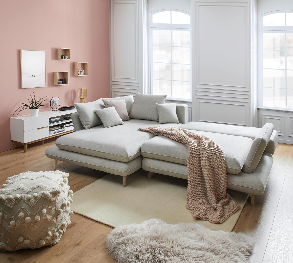 Sedežna Garnitura Monte Z Ležiščem In Predalom - naravne barve/svetlo siva, Romantika, tekstil/les (181/283cm) - Premium Living