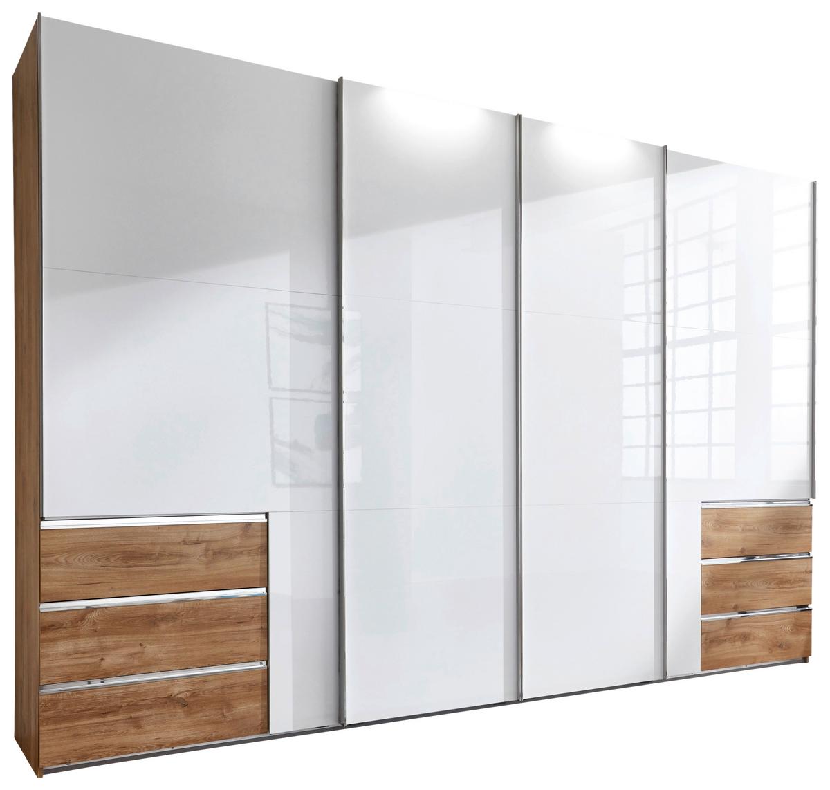 Schwebetürenschrank Level 36D ca. 350 cm Weiß/Eiche Dekor - Chromfarben/Weiß Hochglanz, MODERN, Holzwerkstoff/Metall (350/236/65cm) - MID.YOU