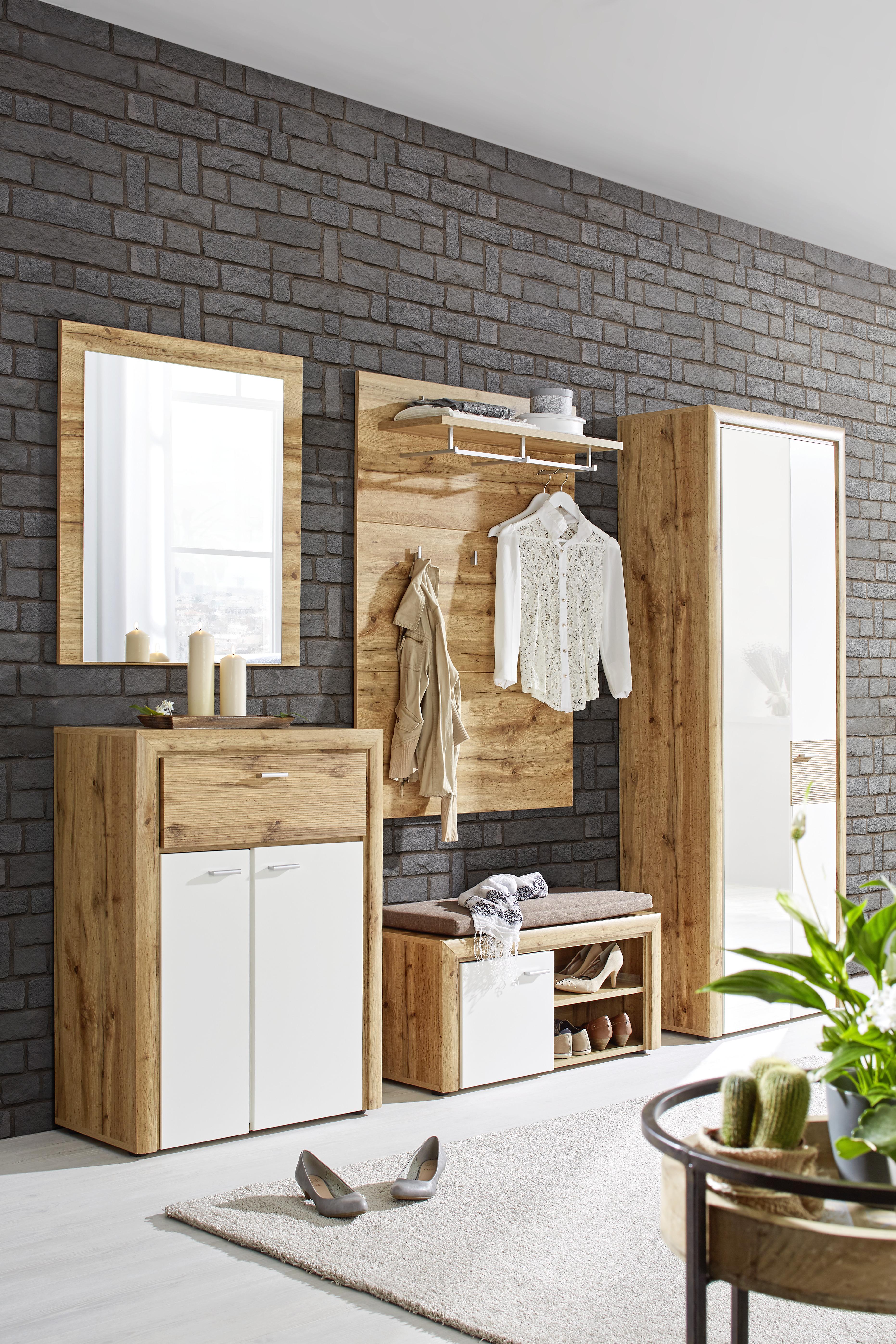 Garderobna Omara Ronny, Bela, Barva Hrasta, Ogledalo - srebrne barve/barve hrasta, Konvencionalno (75/201/38cm) - Premium Living