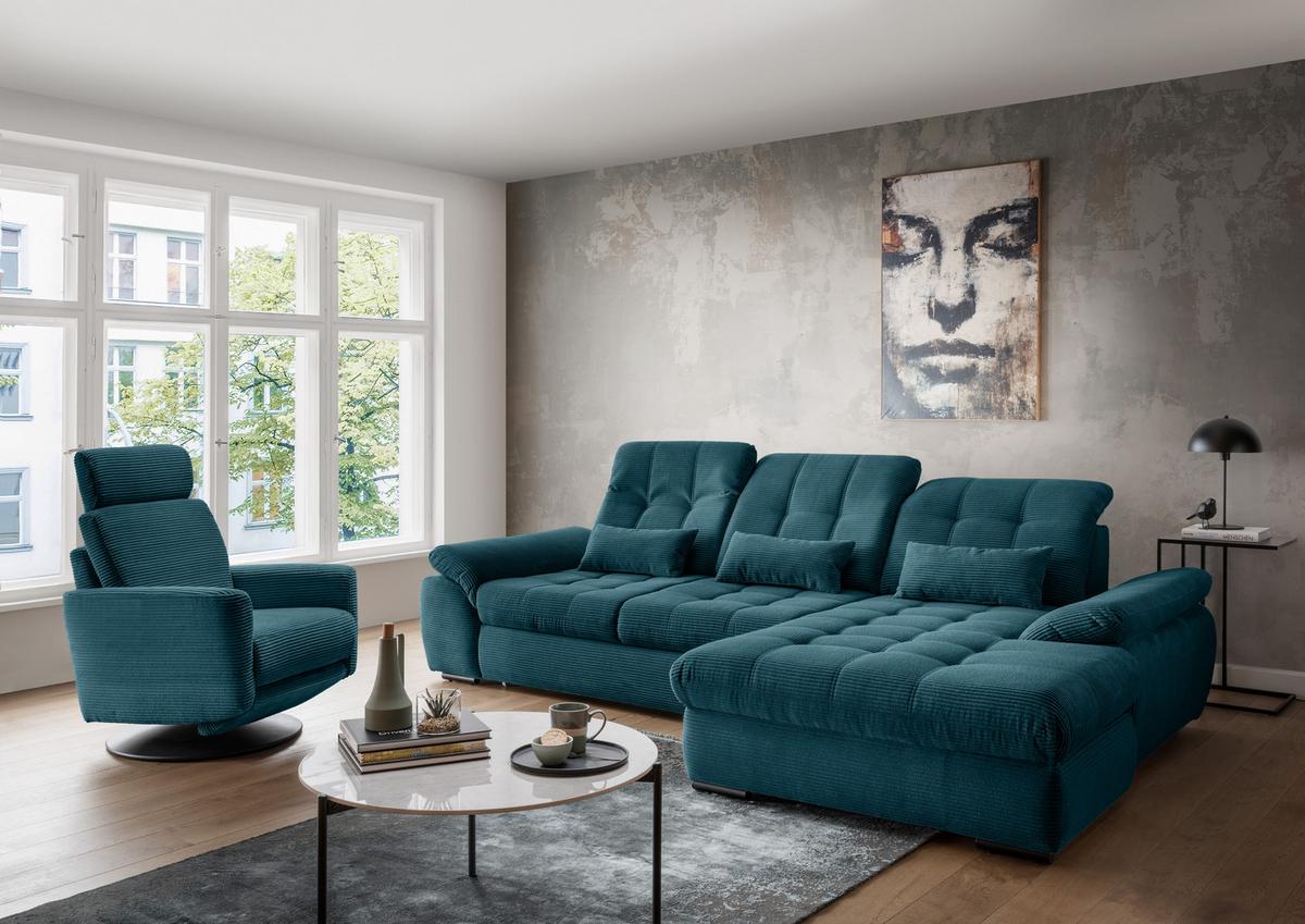 Ecksofa mit Bettkasten Rigatti ca. 314x184 cm Petrol - Petrol/Schwarz, MODERN, Textil/Metall (314/184cm) - Livetastic