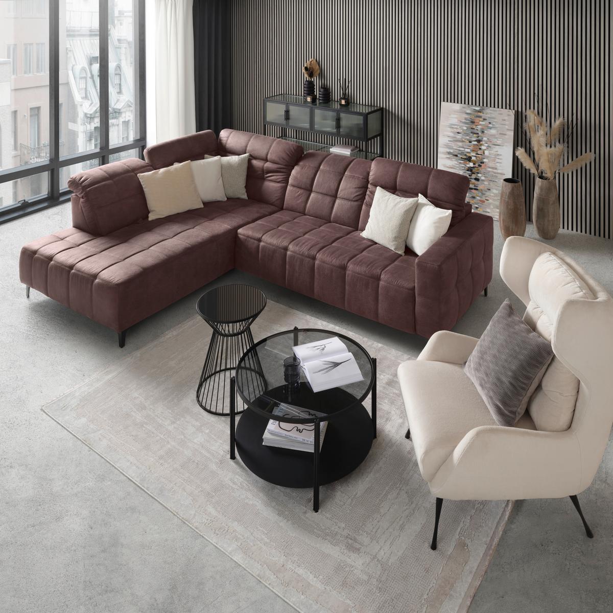 Ecksofa Panama links Braun - Schwarz/Braun, KONVENTIONELL, Textil/Metall (216/89-102/304cm) - Premium Living