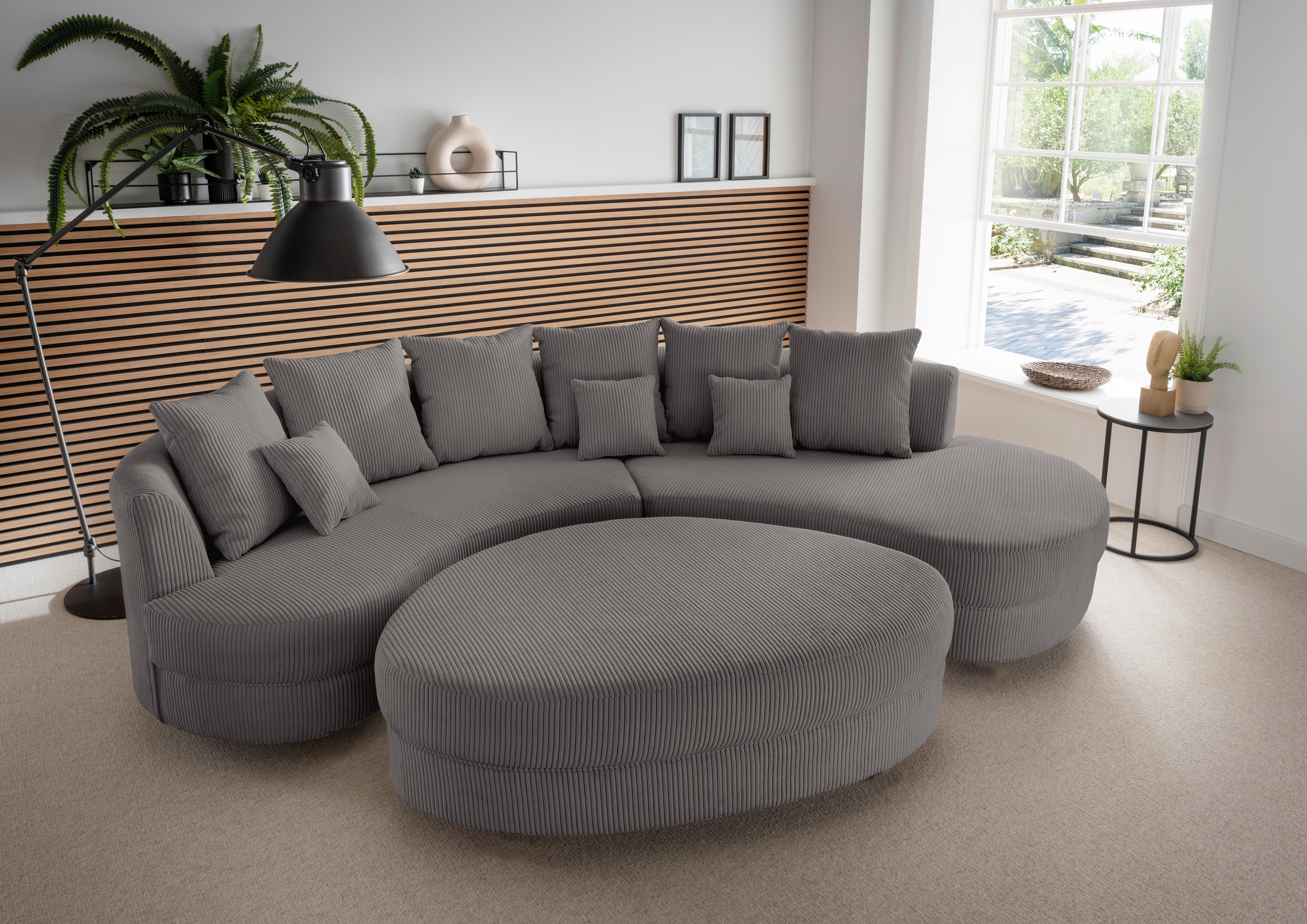 Wohnlandschaft Limoncello m. Hocker ca. 300x160cm Grau Cord - Schwarz/Grau, Design, Kunststoff/Textil (300/160cm) - Livetastic