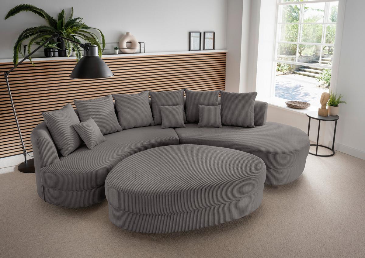 Wohnlandschaft Limoncello m. Hocker ca. 300x160cm Grau Cord - Schwarz/Grau, Design, Kunststoff/Textil (300/160cm) - Livetastic