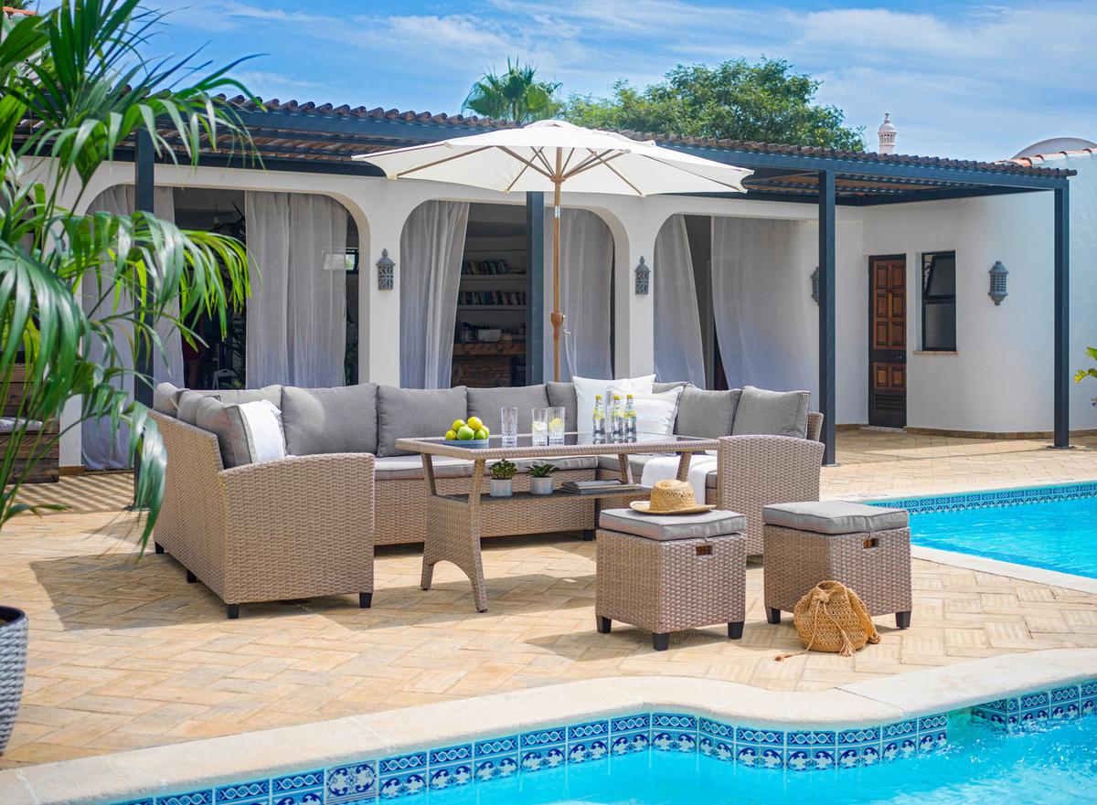 Ensemble lounge Puerto Rico in Braun/Beige - Beige/Schwarz, Modern, Glas/Kunststoff (175/73/67cm) - Mömax