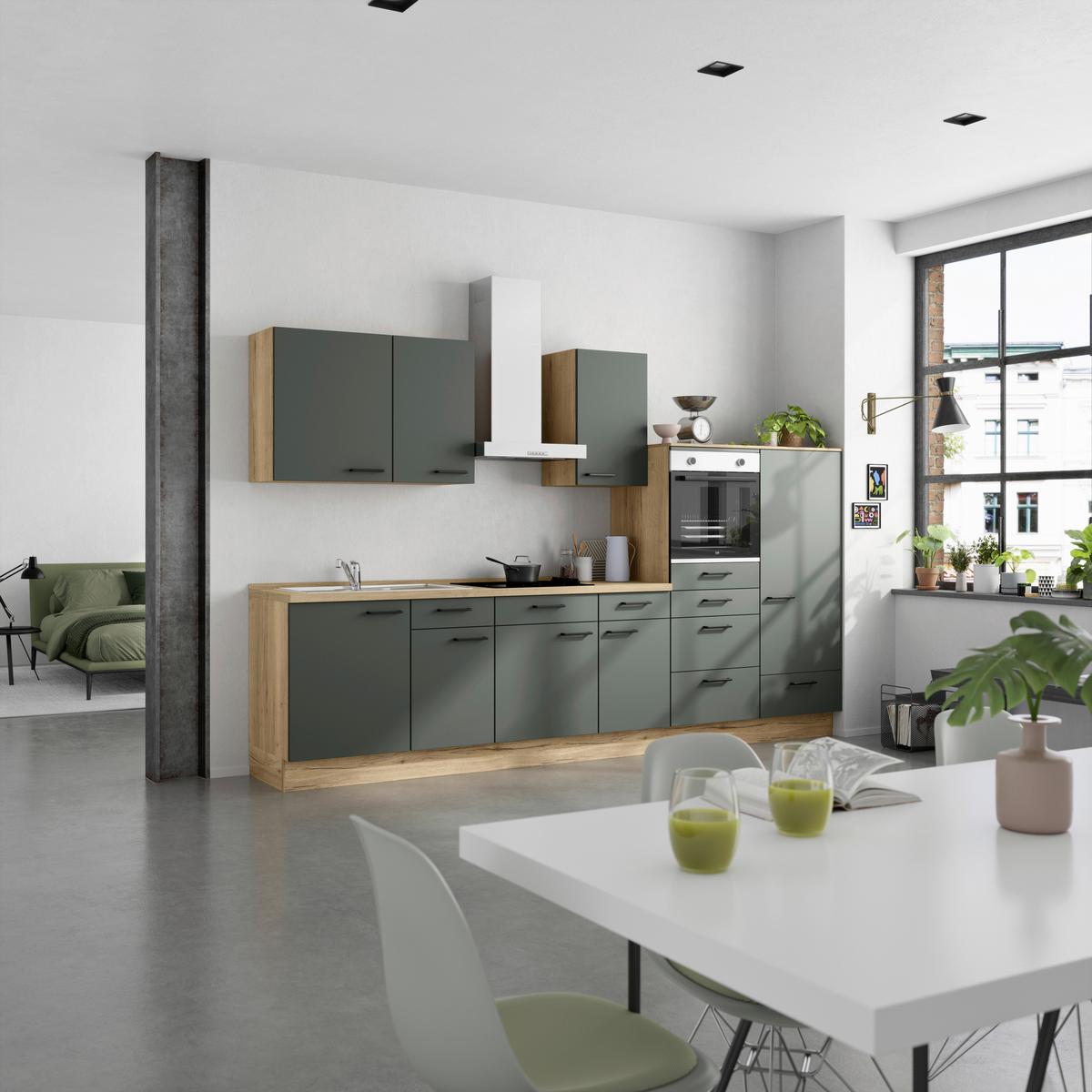 Küchenblock Easytouch Low m. Geräten Dunkelgrün - Dunkelgrün/Eichefarben, MODERN, Holzwerkstoff/Metall (330cm) - Nobilia